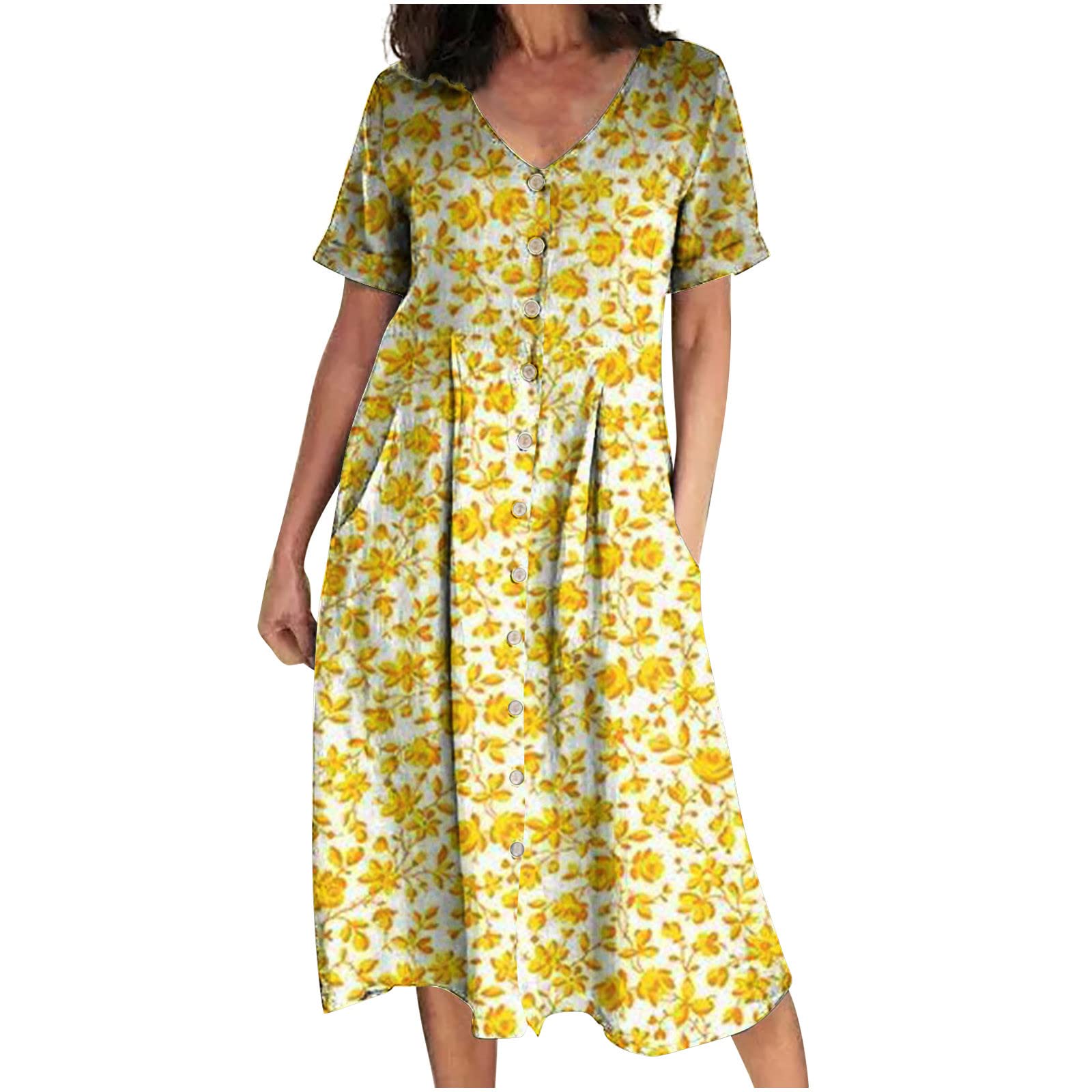 Women's Summer Casual Loose Midi Dress - Short Sleeve V-Neck Button Down T-Shirt Dress with Floral Print & Pockets | Perfect for Beach Outings, Picnics, and Summer Vacations