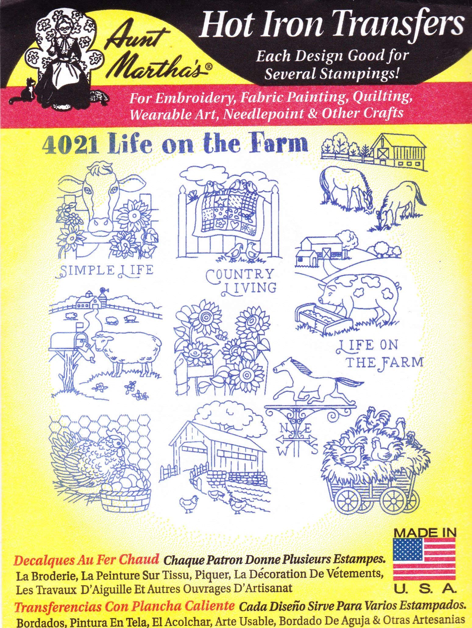 Aunt Martha's 4021 Hot Iron Transfers - Life on The Farm Embroidery Designs for DIY Crafts, Quilting & Home Decor Projects