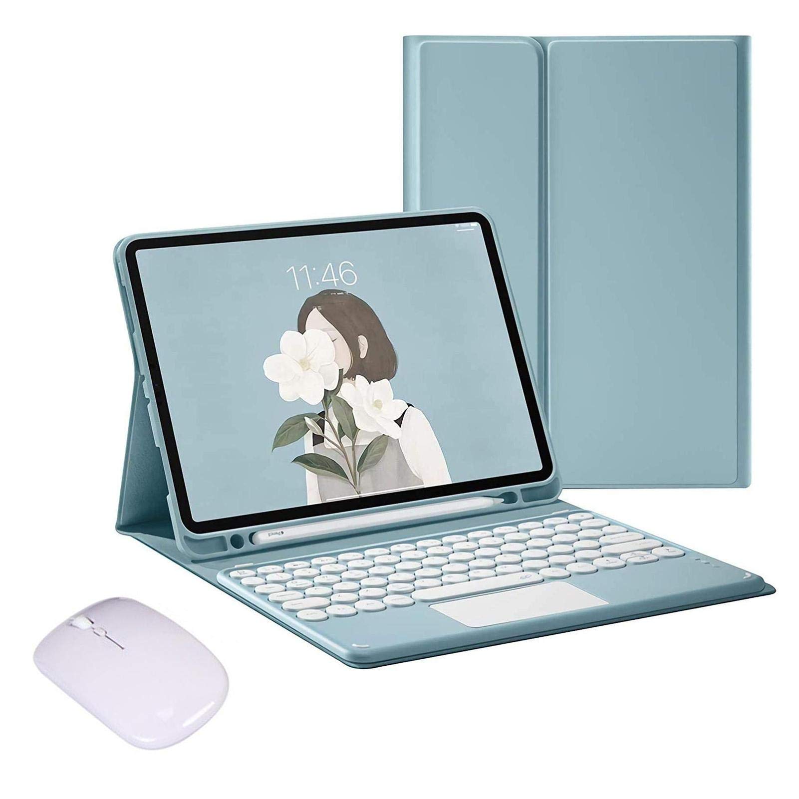 FANG Detachable Wireless Bluetooth Keyboard Case for iPad Air 1/Air 2 (9.7 Inch) with Touchpad, Wireless Charging Mouse & Built-in Pen Holder - Blue | Perfect for Work, Study & Travel