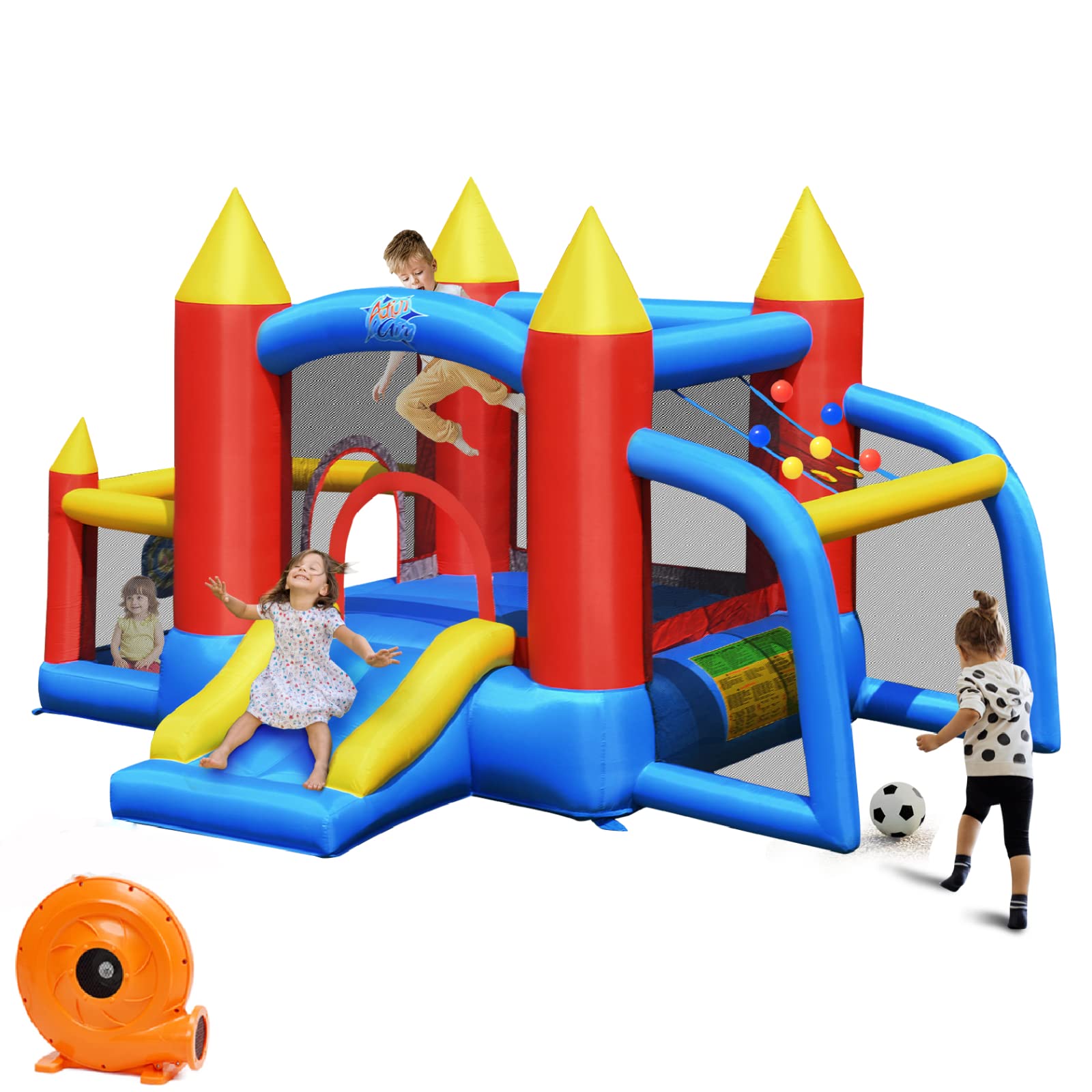 **HONEY JOY 6-in-1 Inflatable Bounce House with Blower – Kids Bouncy Castle for Ages 5-12, Indoor & Outdoor Play with Soccer Goal & Ocean Balls – Perfect for Backyard Parties, Birthdays & Summer Fun (Includes 740W Blower)**