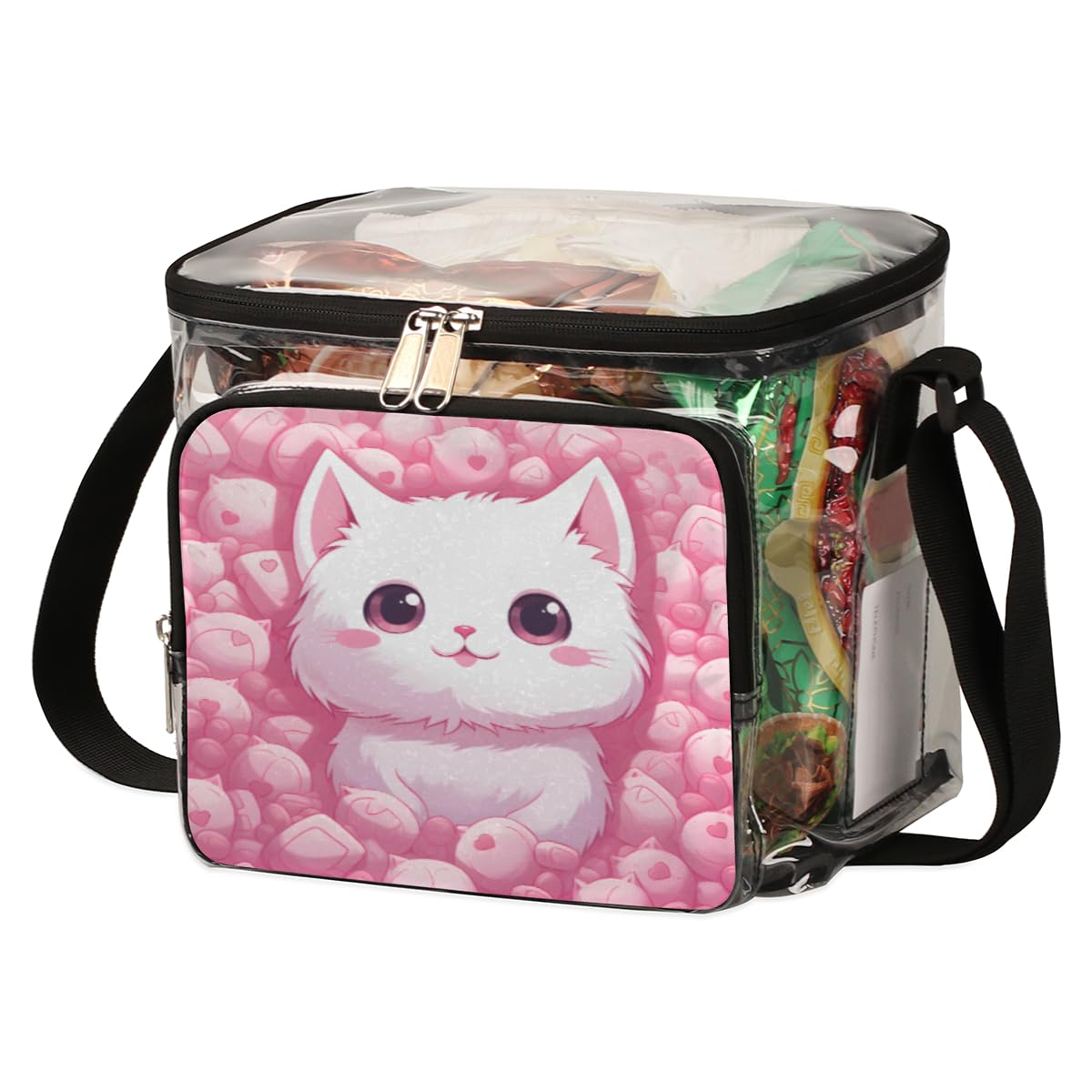 GzLeyigou Pink Cute Kitten Clear Tote Bag with Handles - Transparent Crossbody Shoulder Purse for Women, White Cat Design Lunch Bag | Perfect for Outdoor Travel, Picnic, Concerts, Sports Events & Stadium Approved | Waterproof & Lightweight Daily Essentials Carrier