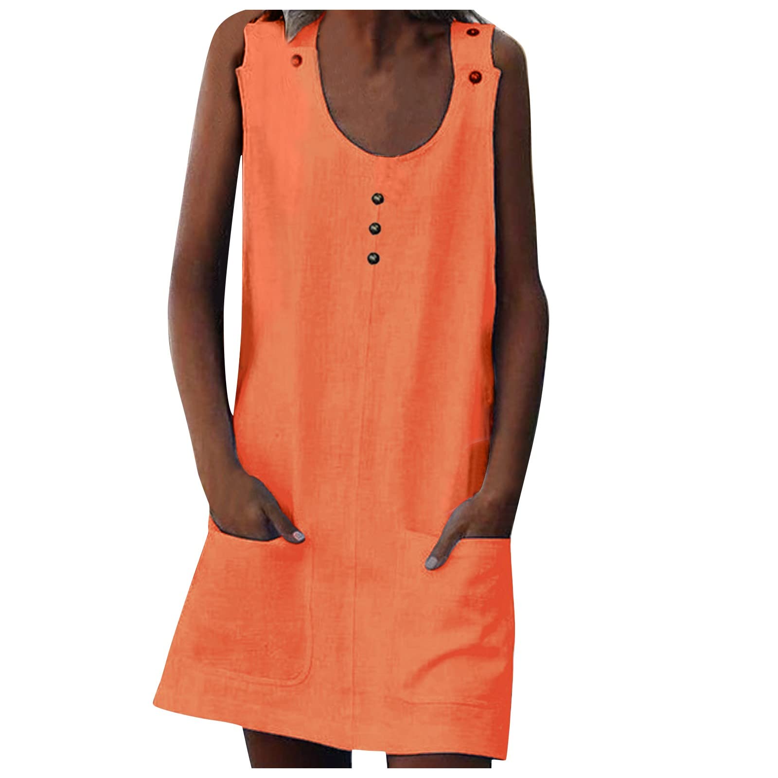 **Plus Size Summer Dresses for Women - Sexy Cotton Linen Strappy Round Neck Dress with Pockets & Buttons | Casual, Beach, Vacation & Date Night Outfits**