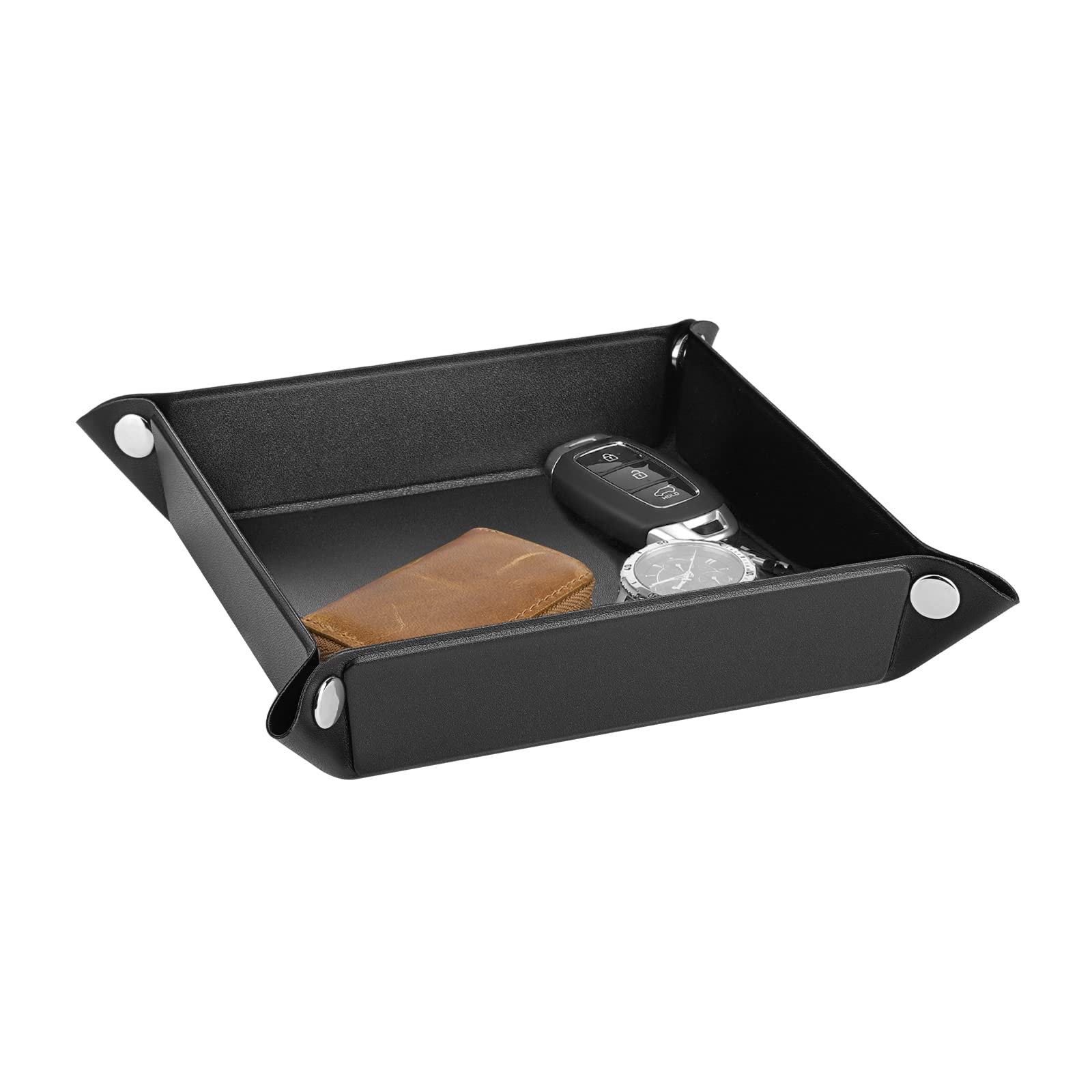 Luxspire PU Leather Valet Tray - Stylish Catchall Organizer for Jewelry, Keys, Coins & Wallet | Compact Desk Storage Plate for Men & Women | Perfect for Nightstand, Entryway & Dresser - Black