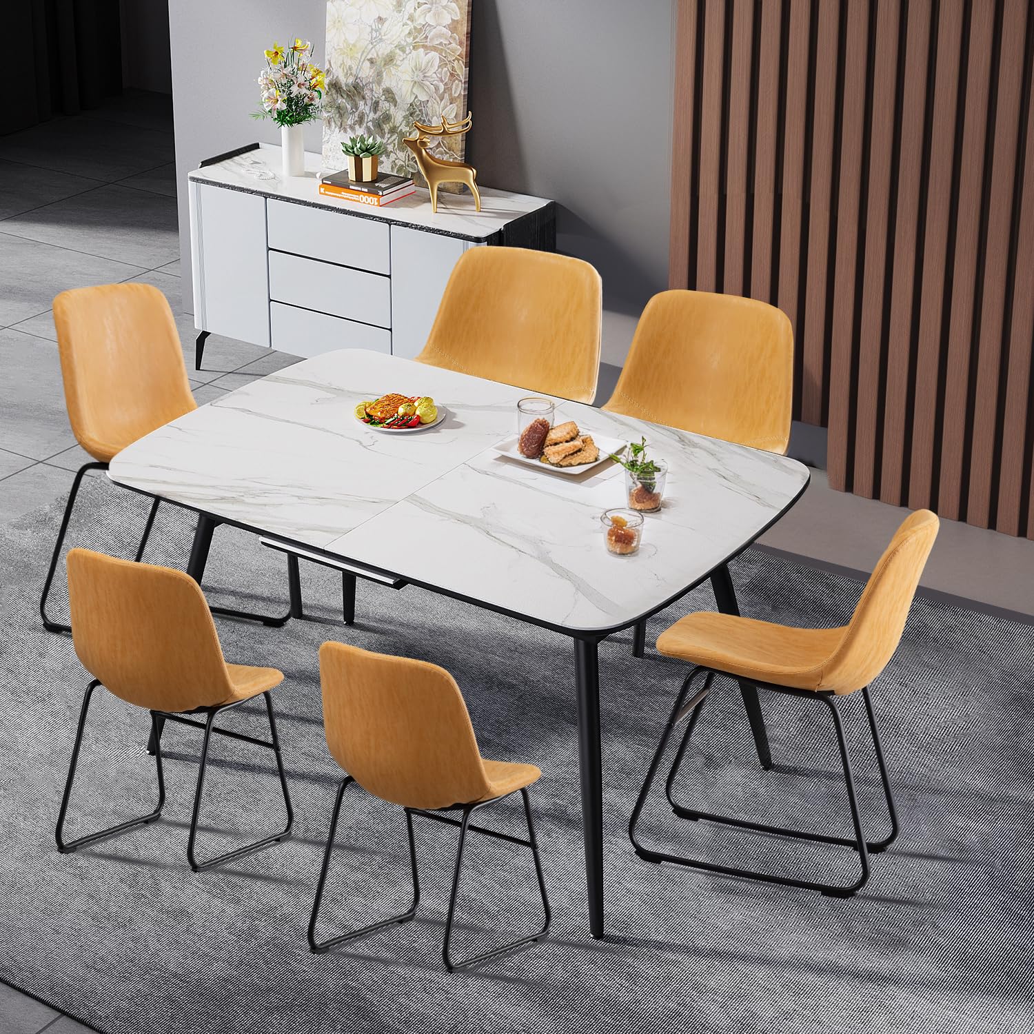 Vanity Art PU Leather Dining Chairs Set of 2 - Modern Armless Kitchen & Dining Room Chairs with Metal Legs in Yellow Tan (UC-13T) - Perfect for Small Spaces, Breakfast Nooks & Contemporary Dining Areas