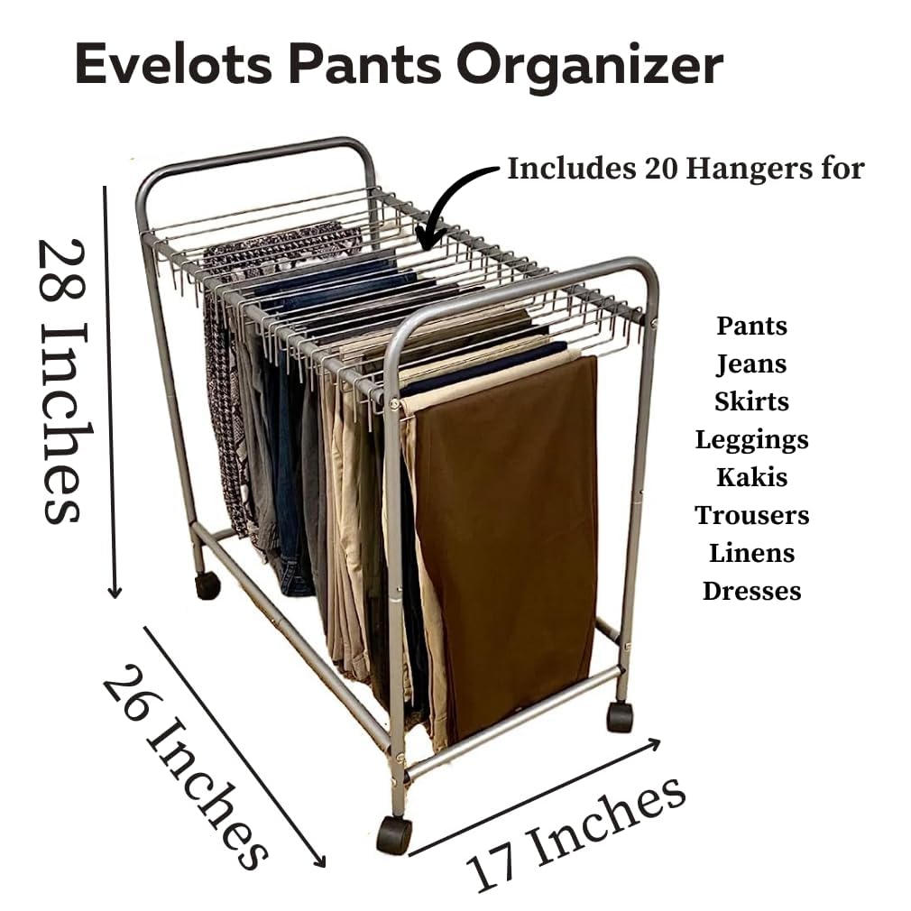 Evelots 20-Pants Rolling Closet Organizer with Hangers - Space-Saving Trolley Cart for Jeans, Skirts & Trousers | Perfect for Bedroom, Walk-In Closet & Laundry Room Organization