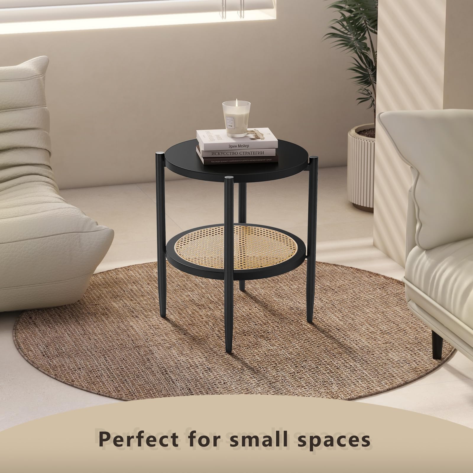 KithKasa Black Small Side Table Set of 2 - Mid Century Modern End Tables with Rattan Storage | 2-Tier Round Side Tables for Living Room, Bedroom, Cafe & Small Spaces | Perfect for Coffee, Books & Home Decor