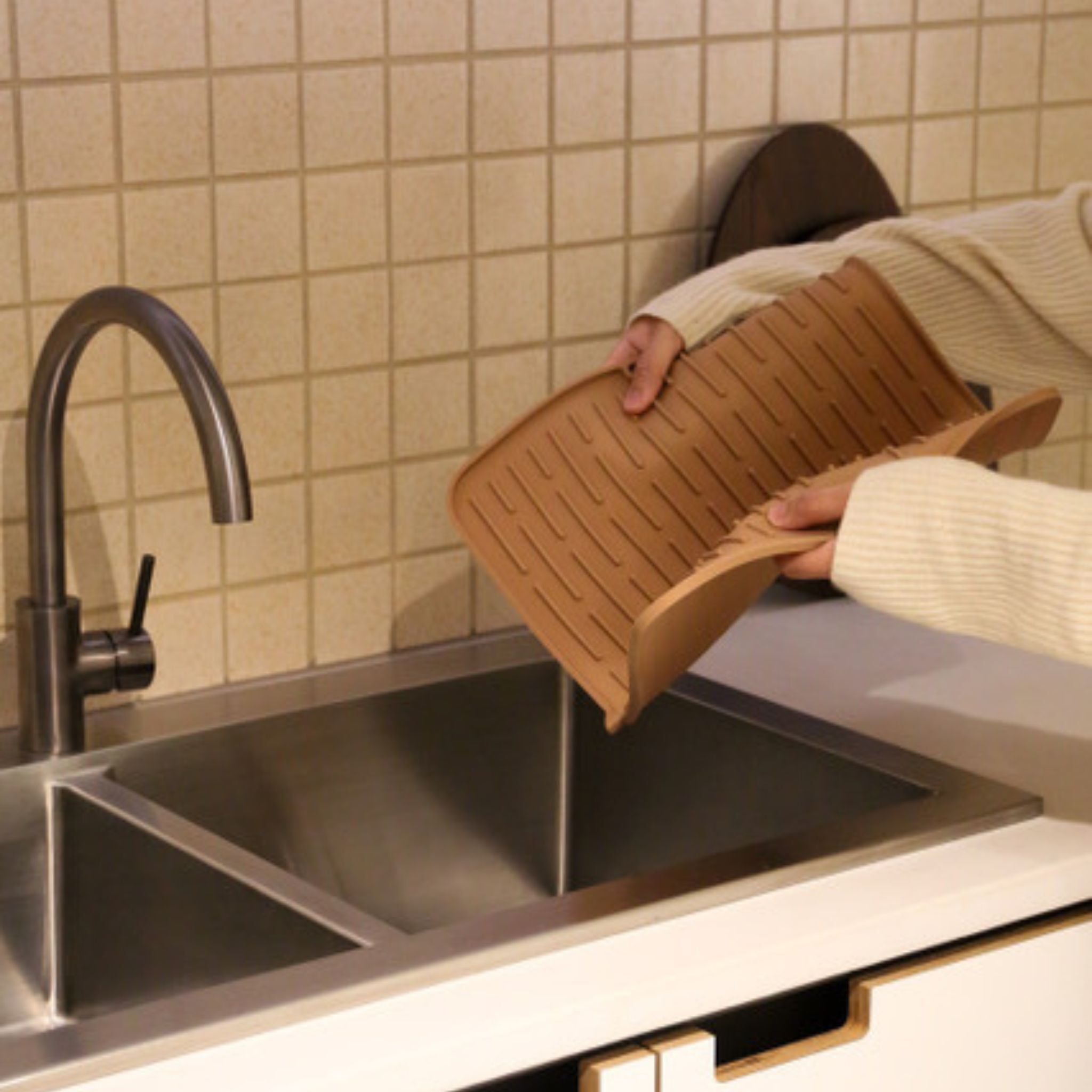 Foldable Silicone Drying Mat with Drainage Holes - Extra Large Dish Drying Rack for Kitchen Counter, Sink, or Camping - Khaki Color (19.7