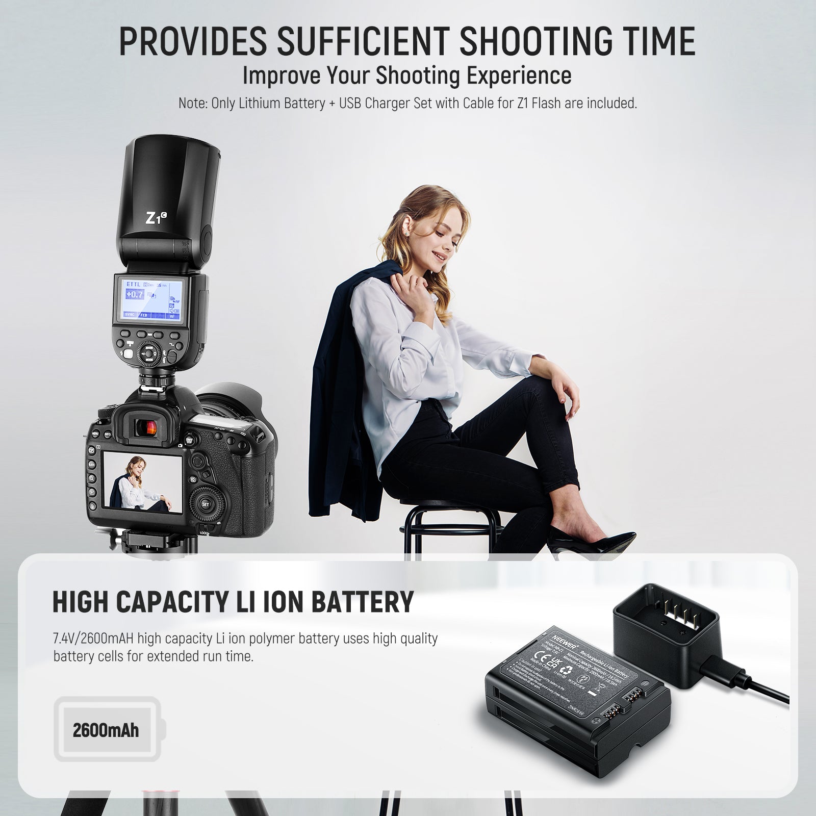 NEEWER Z1 Z2 Flash Lithium Battery & USB Charger Set for Canon, Nikon, Sony DSLR Cameras - Perfect for Photography, Studio Lighting, and On-the-Go Shooting