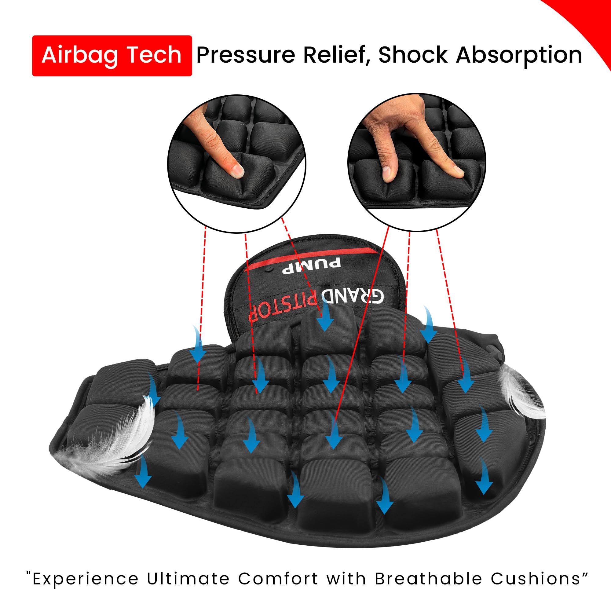 GRAND PITSTOP Motorcycle Air Seat Cushion with Pump - Inflatable Bubble Pad with Breathable Mesh Cover & Anti-Slip Base for Cruiser Bikes - Long Ride Comfort for Harley, Honda, Yamaha Motorcycles