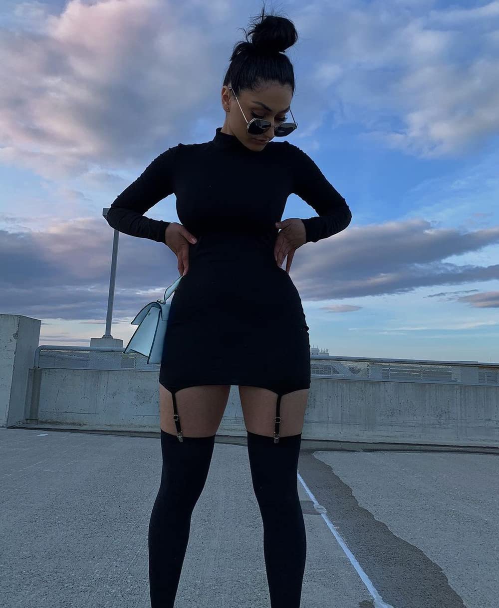 BYDIVA 2021 Long Sleeve Bodycon Garter Mini Dress with Stockings - Sexy Slim Fitted Clubwear for Women, Perfect for Night Out, Party, or Date Night