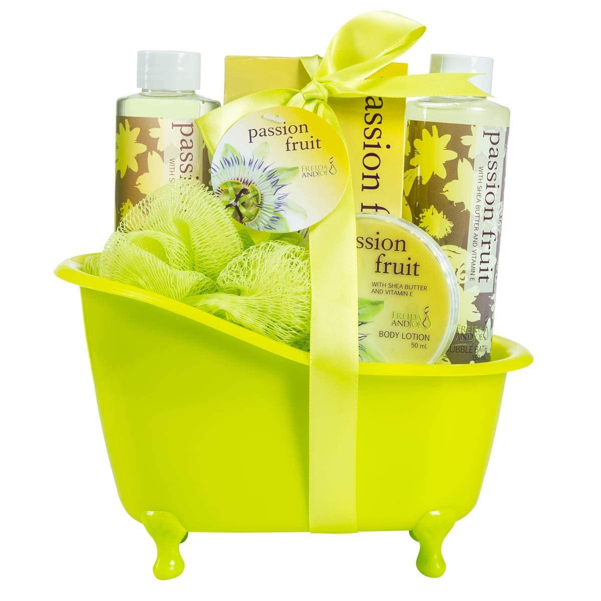 Luxury Home Spa Bath Gift Set for Women - Passion Fruit Scented Shower Gel, Bubble Bath, Body Lotion & Bath Salts in Elegant Green Tub | Perfect for Relaxation, Self-Care & Romantic Gifts