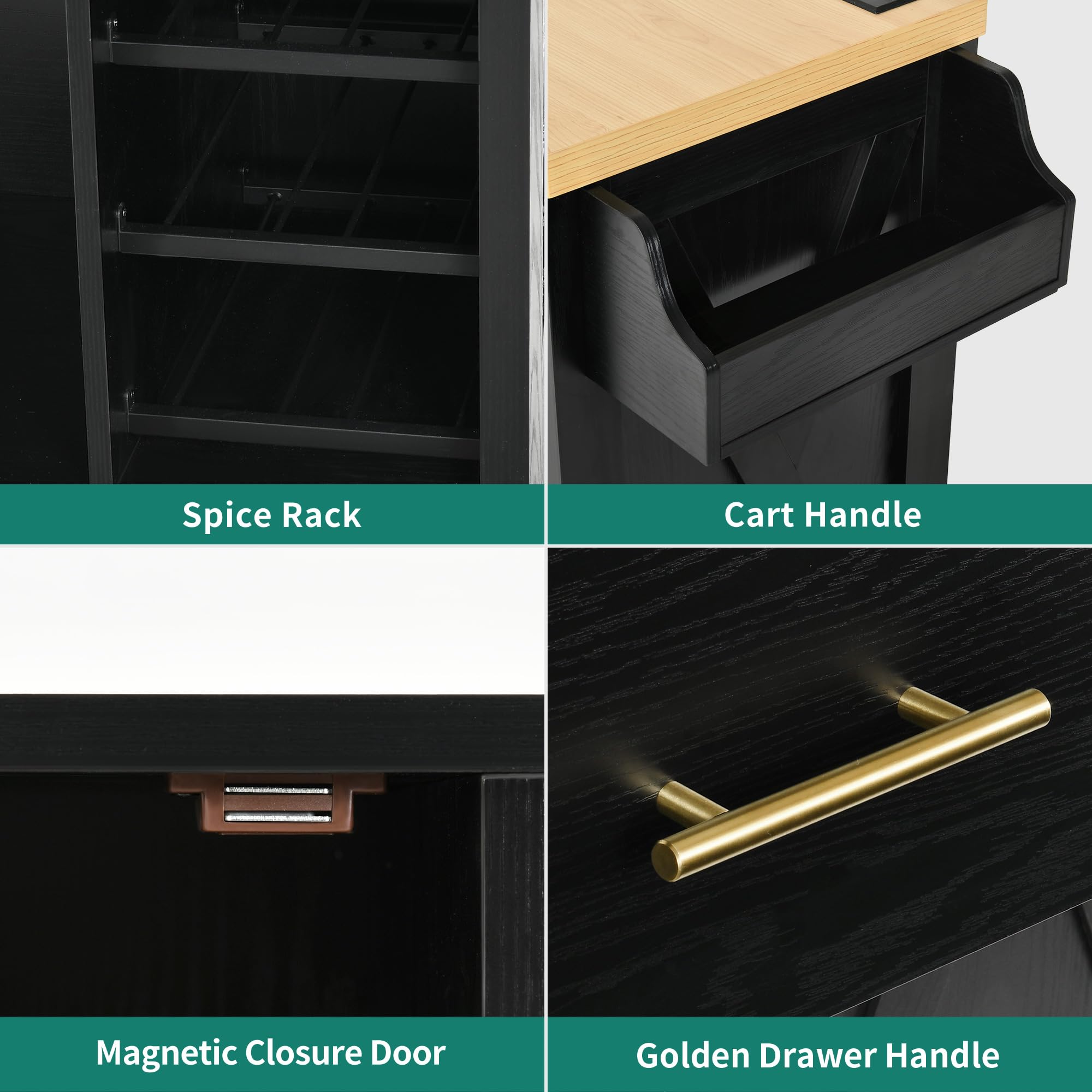 **YITAHOME 50-Inch Wide Black Kitchen Island with Power Outlet, Rolling Kitchen Cart with Wine Rack & Spice Rack, Mobile Storage Island with Glass Holder, Wheels for Easy Mobility – Perfect for Living Room, Kitchen, or Dining Area**