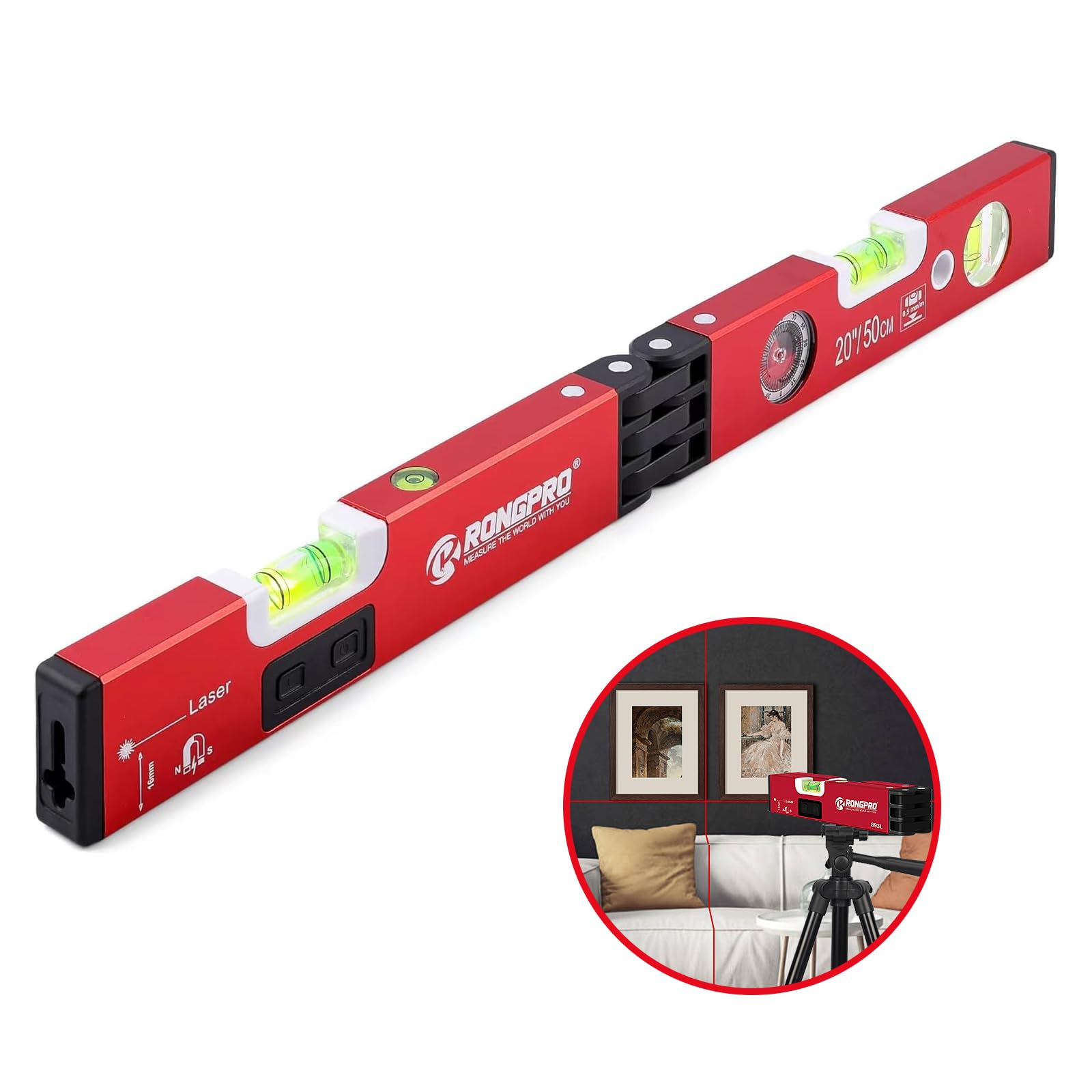 20-Inch Foldable Magnetic Level with 30Ft Laser Leveling Line & 90°/180° Bubbles - Multi-Function Leveler Tool for Woodworking, Picture Hanging, Home Renovation, Construction - Perfect for DIY Projects, Wall Mounting, and Professional Builders