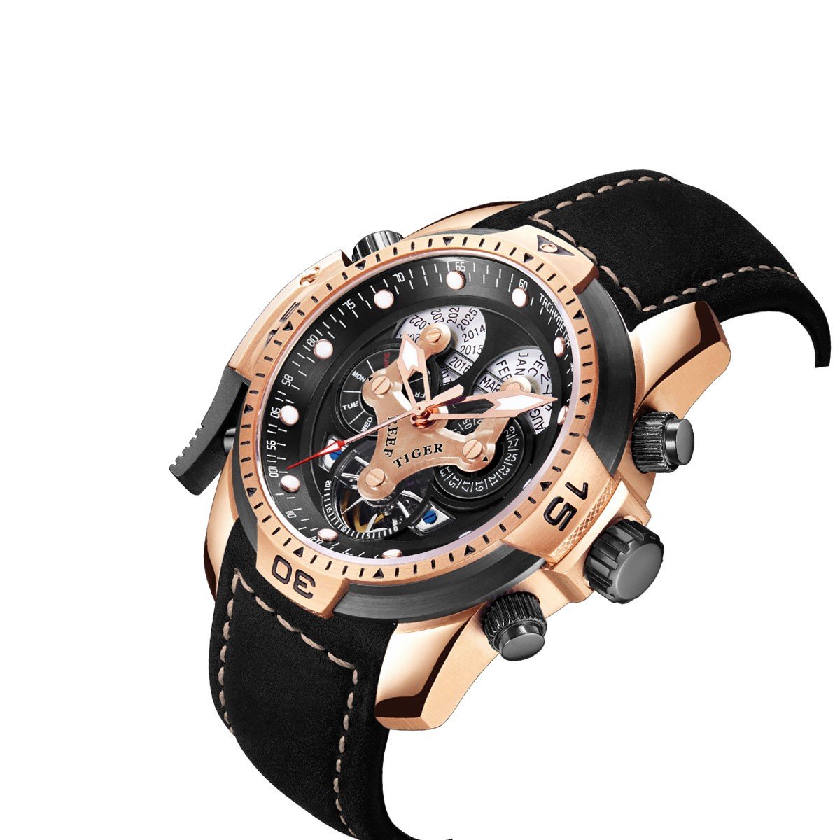REEF TIGER Men's Military Automatic Watch with Leather Strap - Waterproof Sports Chronograph Watch for Outdoor, Hiking & Everyday Wear (Model RGA3503)