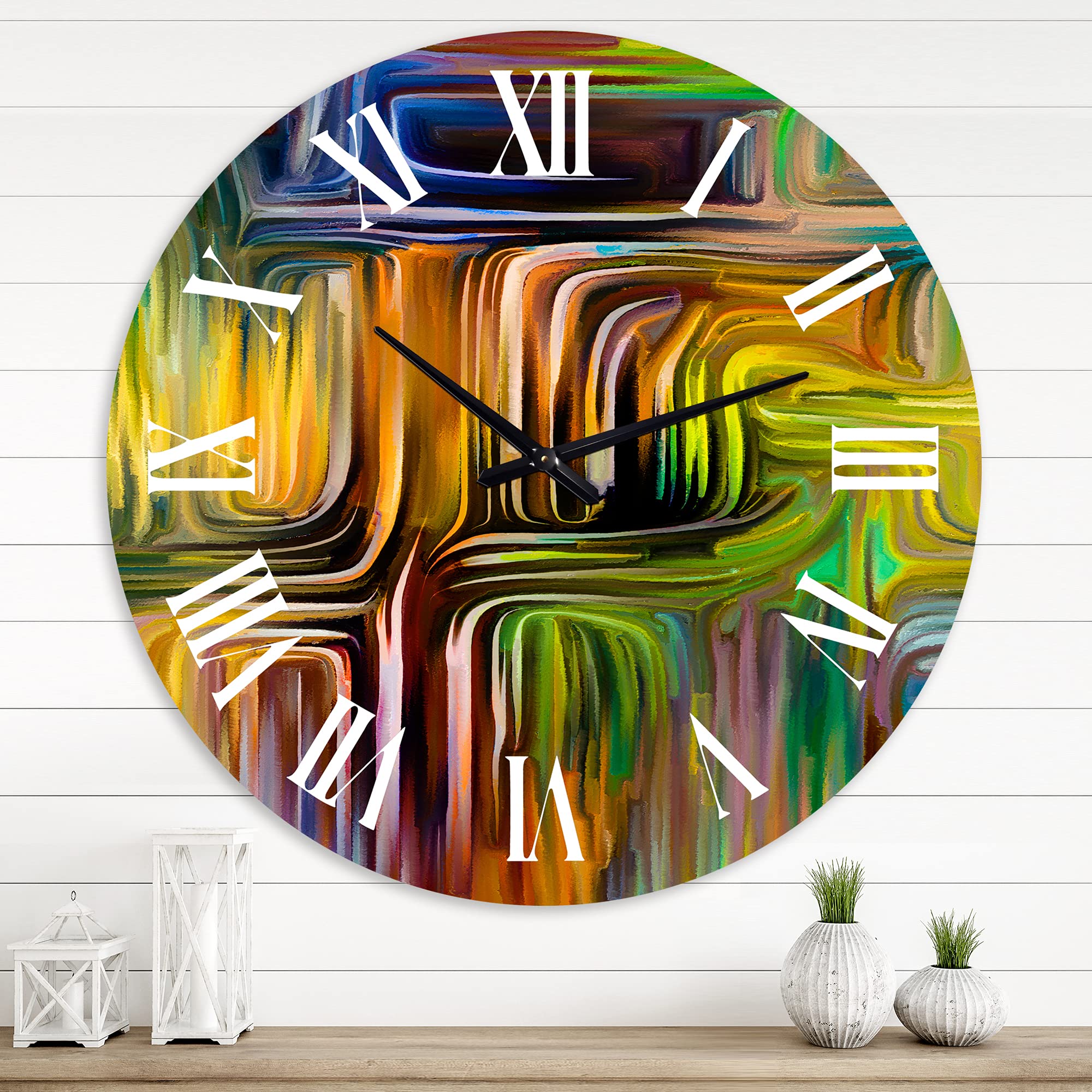 DesignQ Modern Wall Clock 'Colour Fusion I' - Large Abstract Fractal Wall Clock for Home & Office Decor - Perfect for Living Room, Bedroom, or Workspace