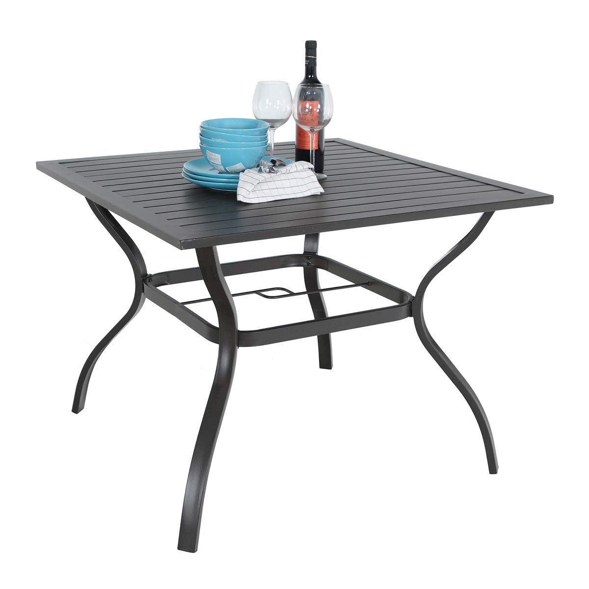 PHI VILLA 37 Inch Square Outdoor Dining Table for 4 - Black Metal Patio Table with Weather-Resistant E-Coating, Steel Slatted Design & 1.57