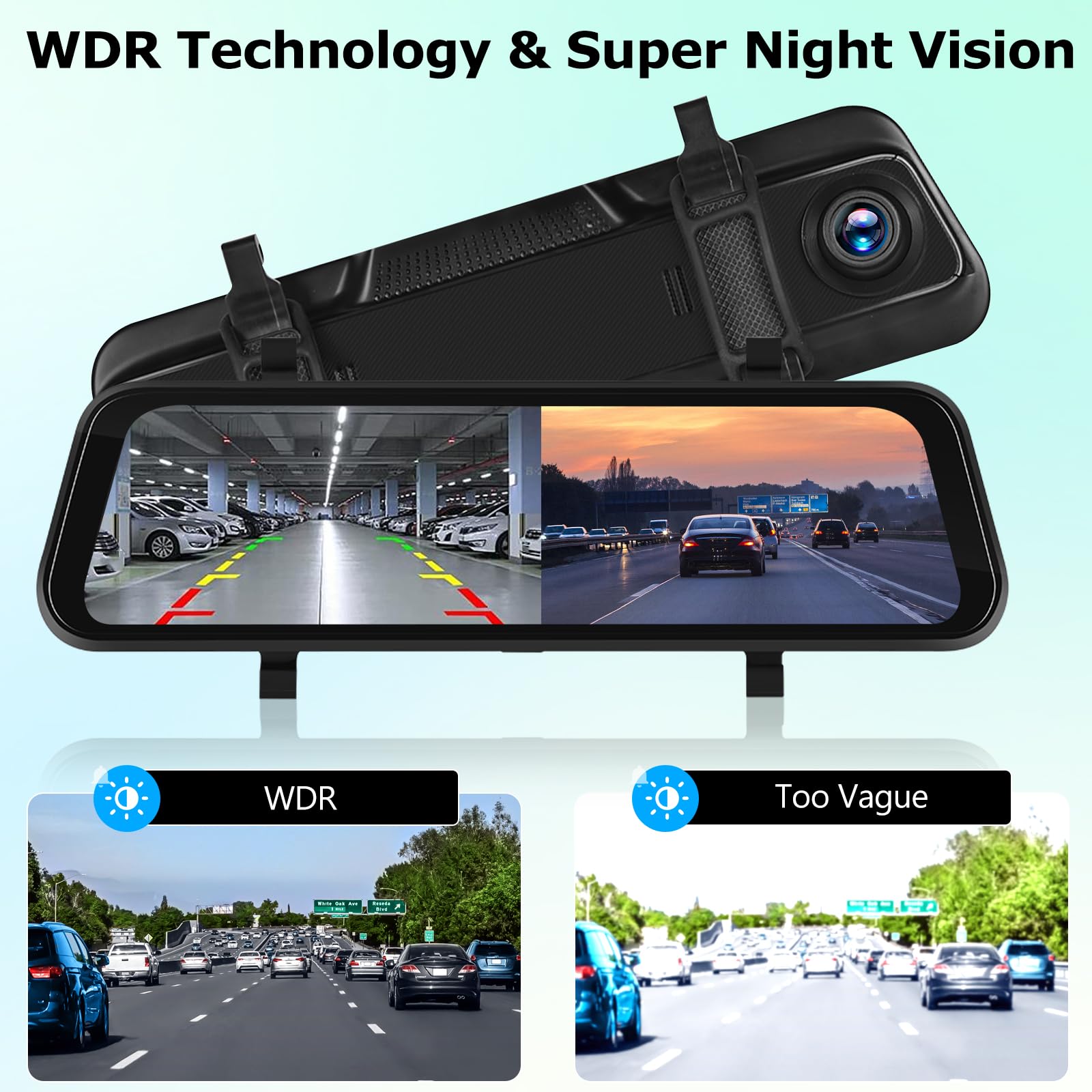 9.66 Inch Wireless Rear View Mirror Camera with Apple CarPlay & Android Auto - 1280x720P Front & 1080P Rear Dual Dash Cam - Night Vision, Voice Control, Backup Camera + 64GB TF Card - Perfect for Cars, Trucks & SUVs
