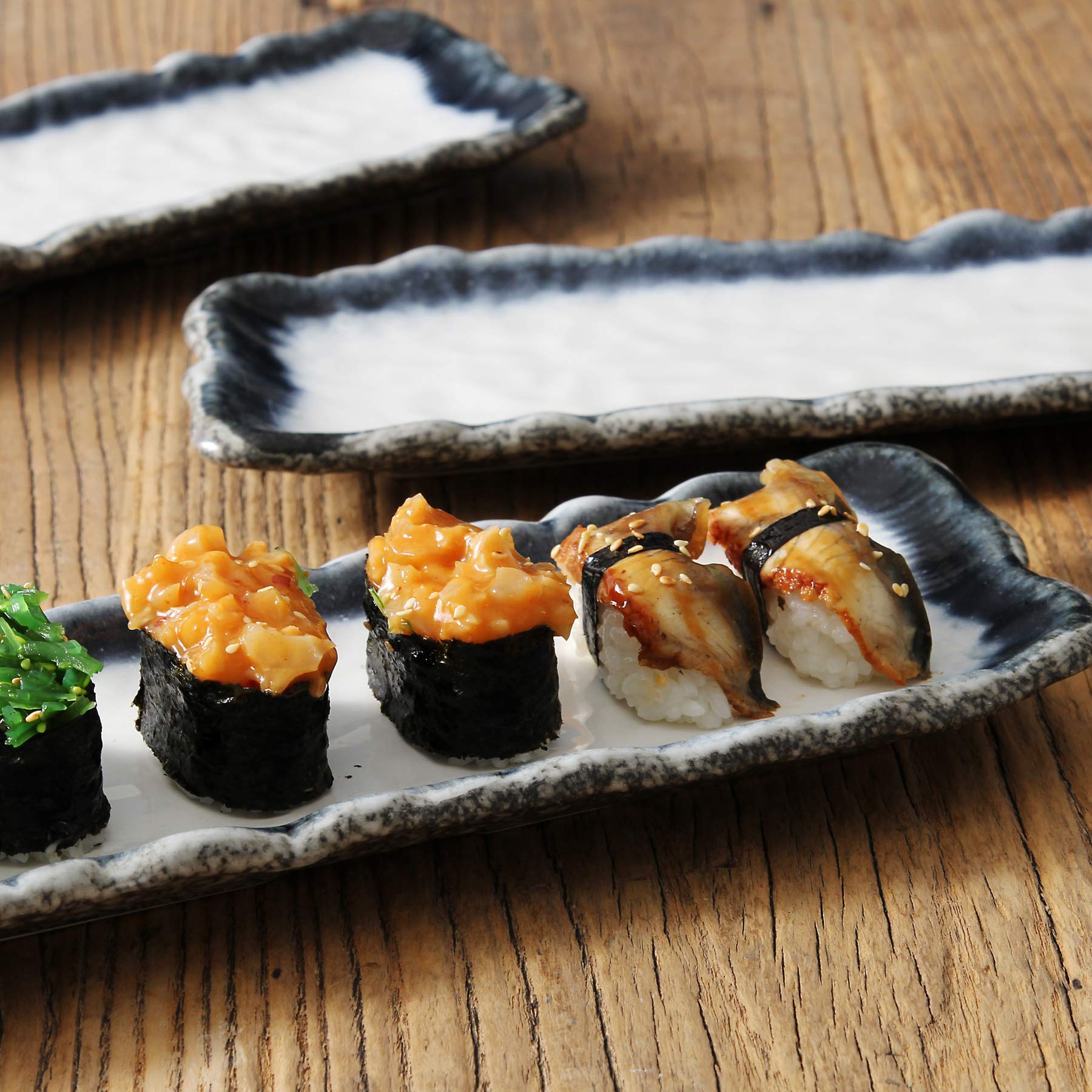 Premium Japanese Sushi Plates Set - 12.5 Inch Stoneware Rectangular Sashimi & Sushi Serving Dishes (Set of 4, Blue & White) - Perfect for Home Dining, Restaurants & Japanese-Themed Parties