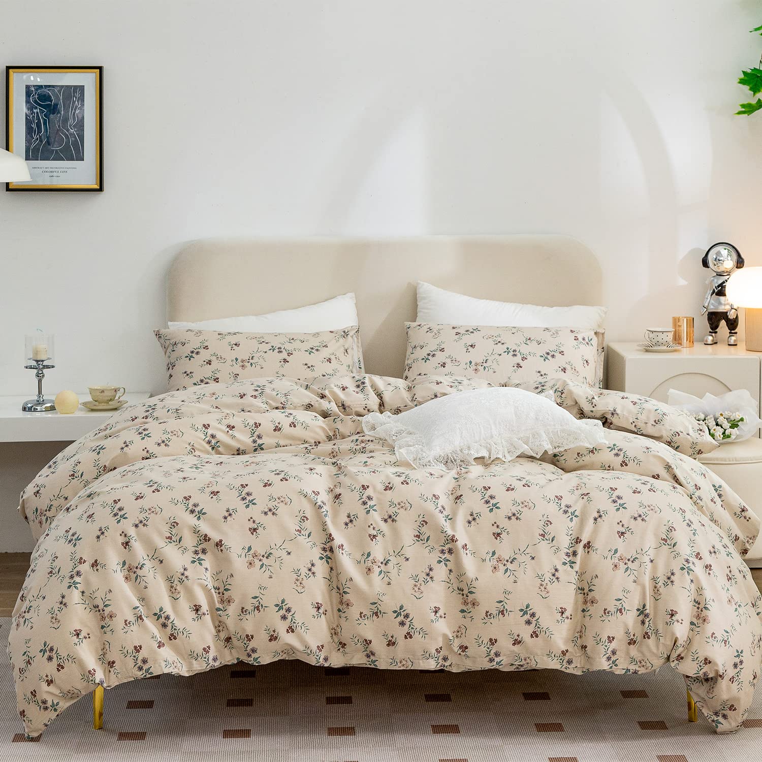 Floral Duvet Cover Queen Size 100% Soft Cotton 3-Piece Bedding Set - Vintage Garden Style Printed Flower Design with Zipper Closure for Girls' Room, Guest Bedroom & Cozy Home Decor