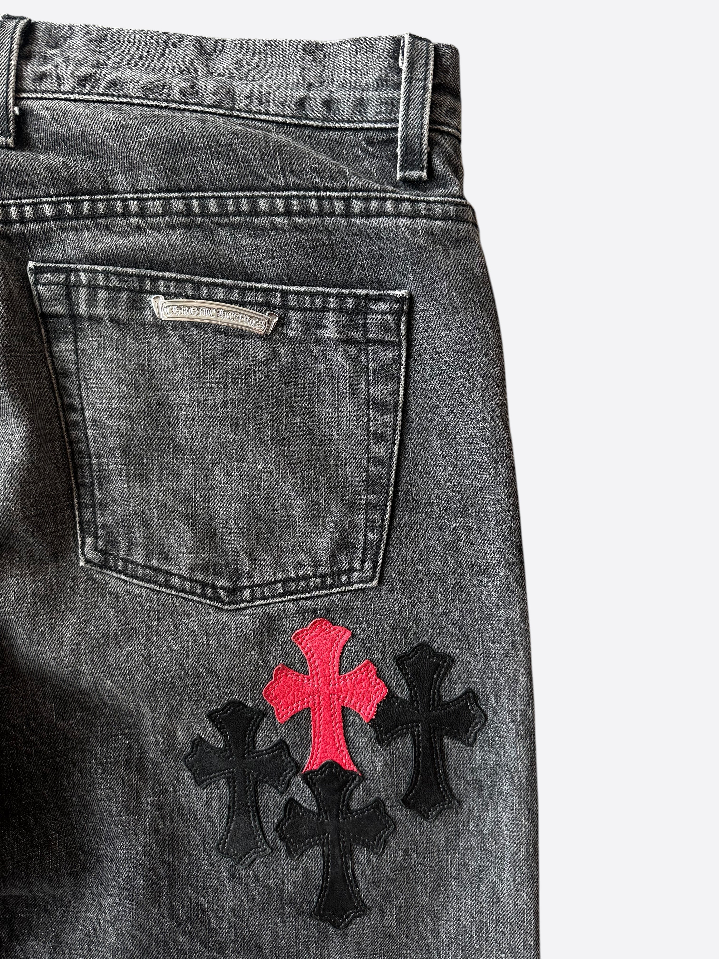 Chrome Hearts Grey Black & Red Cross Patch Jeans - Stylish Distressed Denim for Men & Women | Perfect for Casual Wear, Street Fashion & Rocker Style