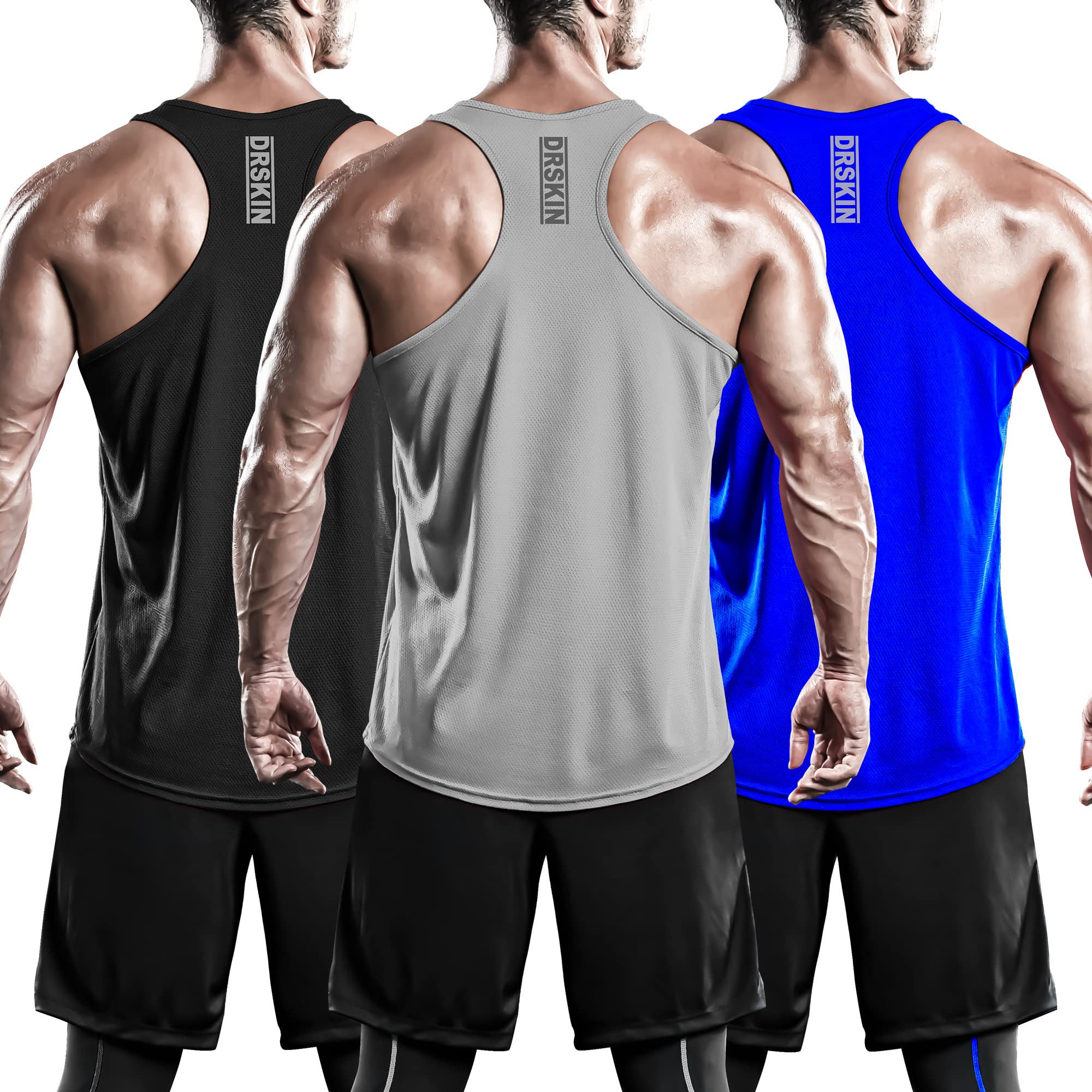 DRSKIN Men's 3 Pack Moisture Wicking Y-Back Muscle Tank Tops - Breathable Mesh Sleeveless Gym Shirts for Bodybuilding, Training & Athletic Workouts - Ideal for Gym, Running & Summer Outdoor Activities