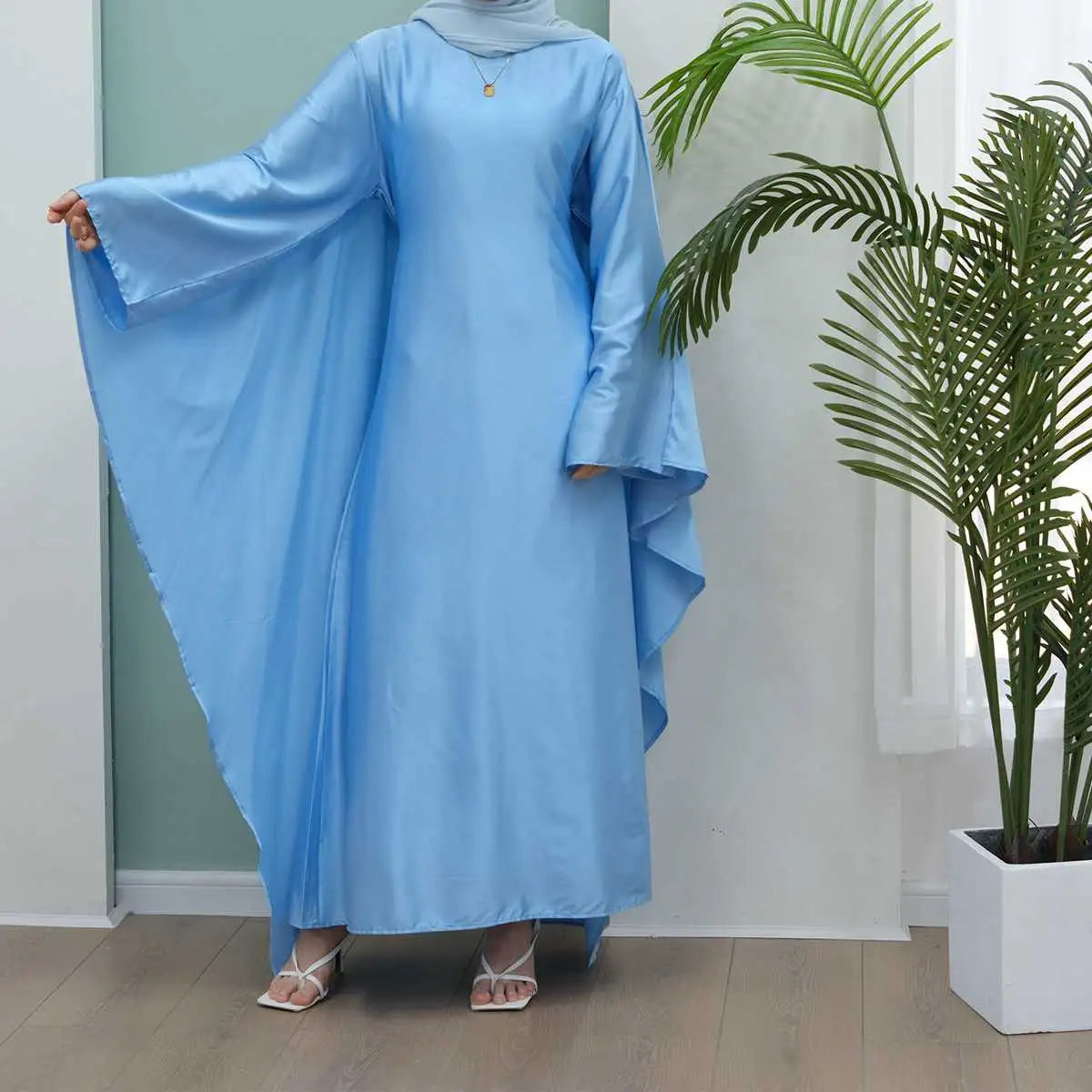 Elegant Butterfly Batwing Sleeve Satin Farasha Abaya Dress with Inner Belt - Modest Muslim Women's Prayer Dress for Special Occasions & Evening Events