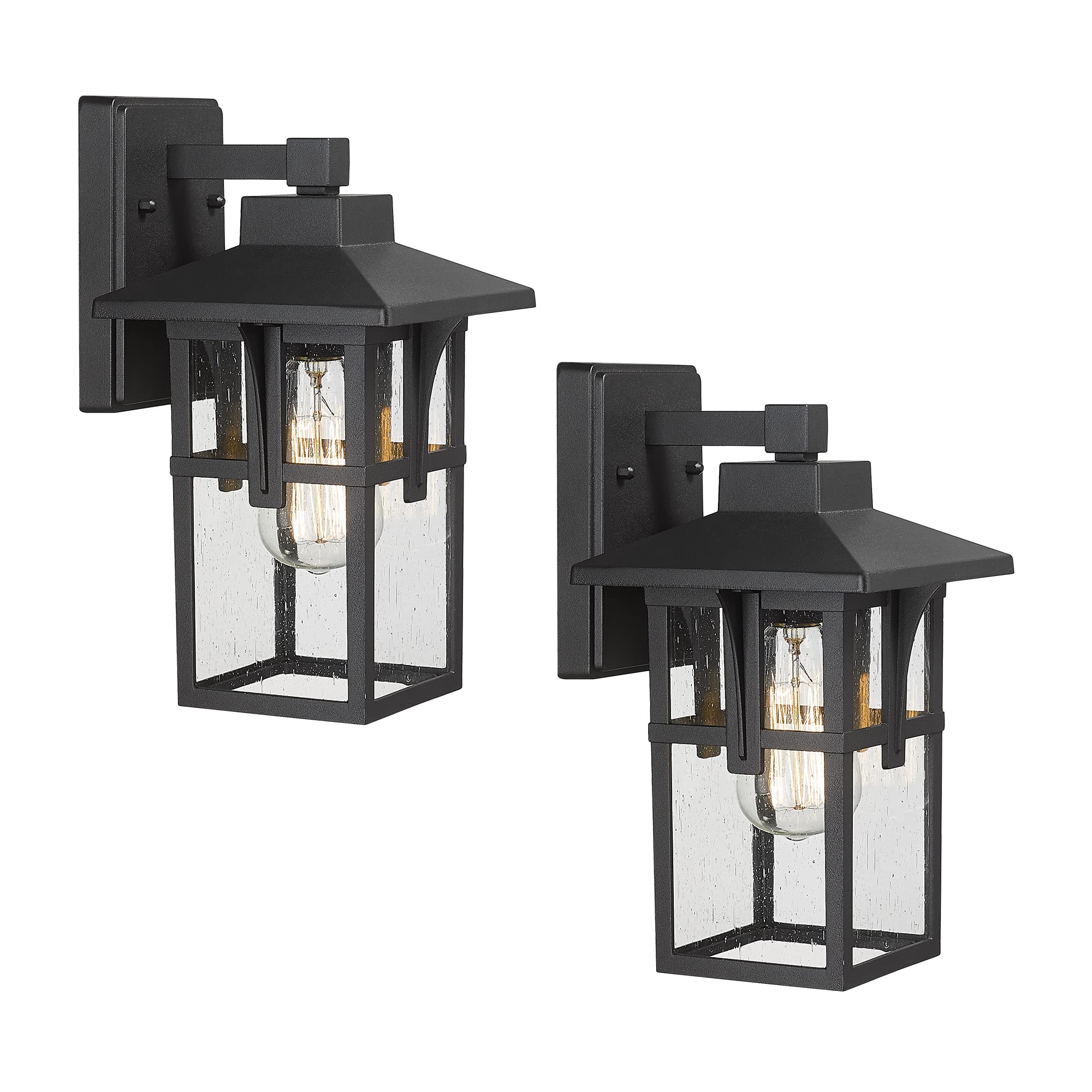 HWH INVESTMENT 2-Pack Outdoor Wall Sconce Lights - Waterproof Matte Black Exterior Porch Lighting with Seeded Glass for Farmhouse, Patio, Balcony & Indoor Use - Durable 1-Light Fixture (Model 5HX62B-2PK BK)