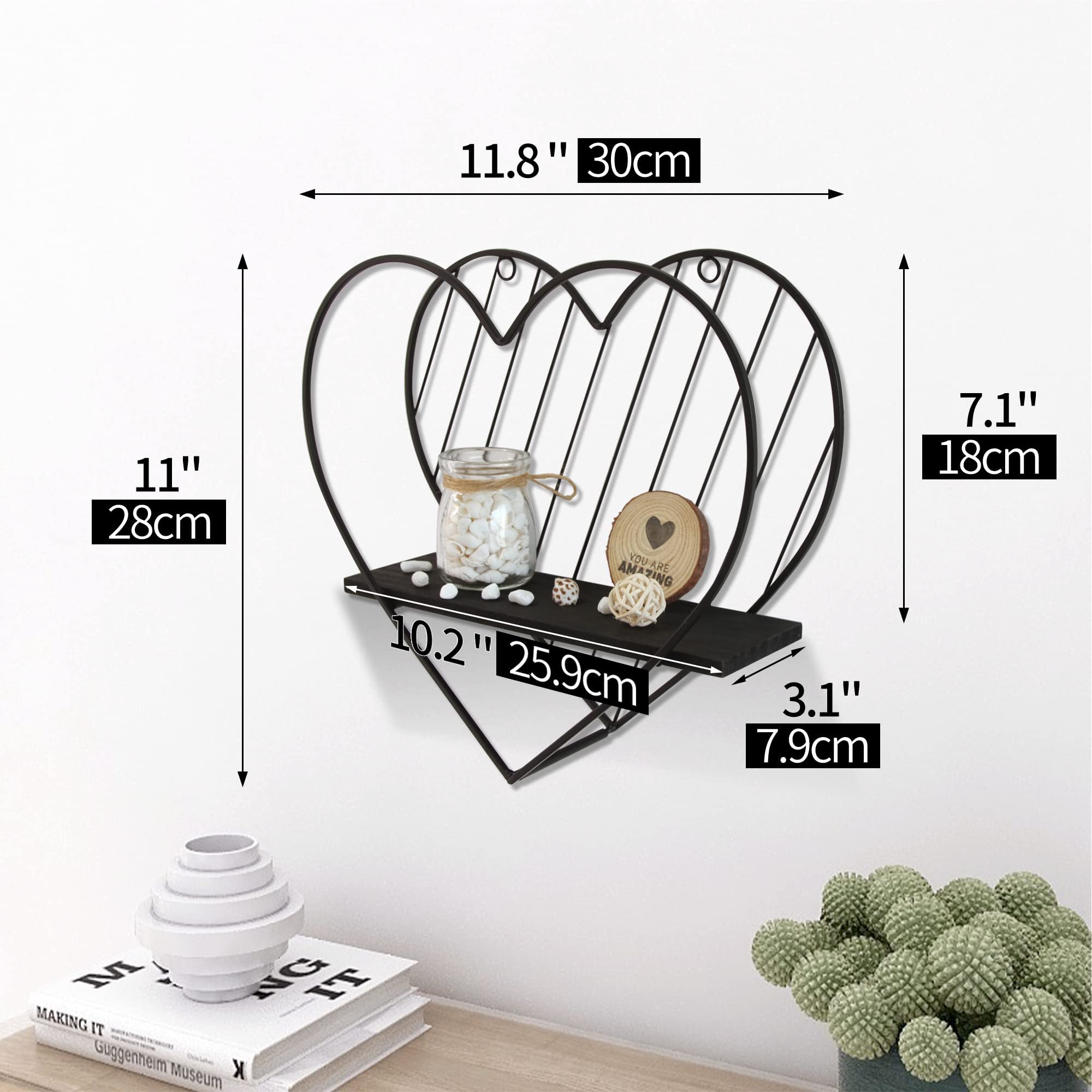 Afuly Floating Shelves - Black Heart Shaped Wall Shelf, Modern Minimalist Storage Organizer for Bedroom, Bathroom, Living Room | Home Decor & Wall Display for Photos, Plants, Books
