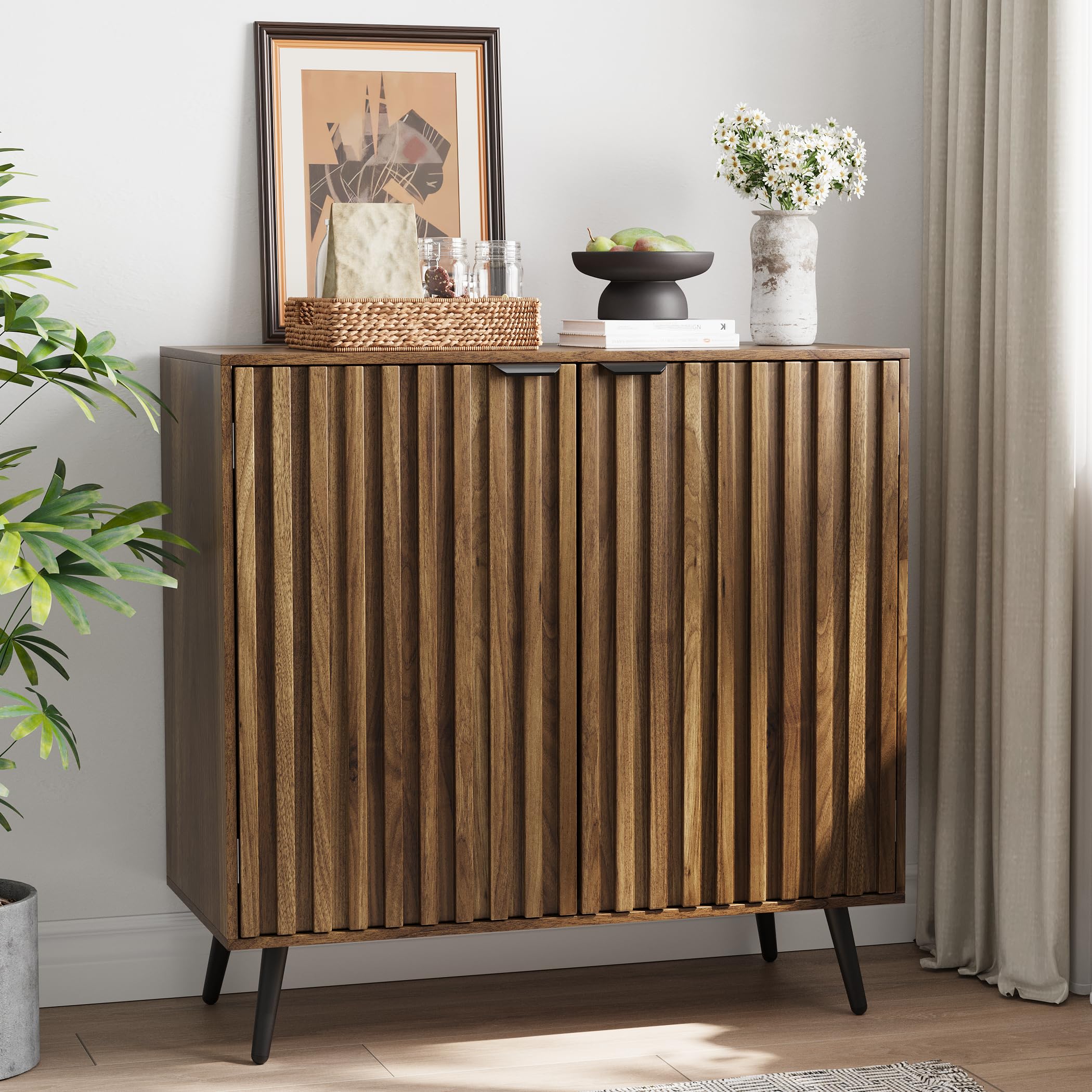 Semiocthome Walnut Buffet Cabinet with Storage - Fluted Door Sideboard with Metal Legs & Adjustable Shelf - Modern Accent Table for Living Room, Dining Room, Kitchen & Entryway - Perfect for Home Organization & Stylish Storage Solutions