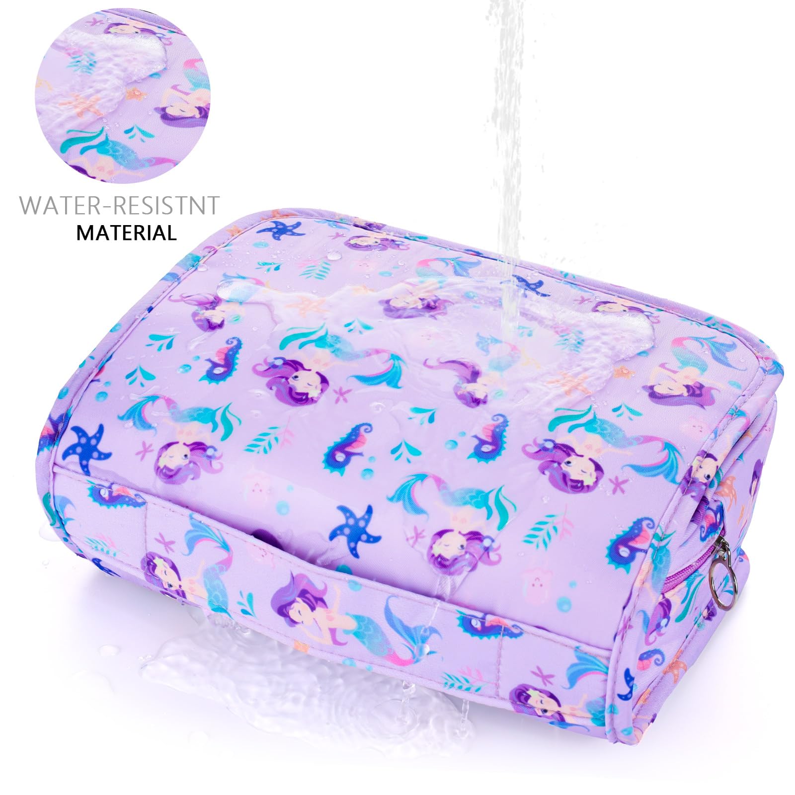 Waterproof Kids Hanging Toiletry Bag for Girls - Mermaid Purple Travel Cosmetic Organizer | Perfect for Toddler Travel, Camping & Sleepovers | Cute Makeup Wash Bag for Little Girls