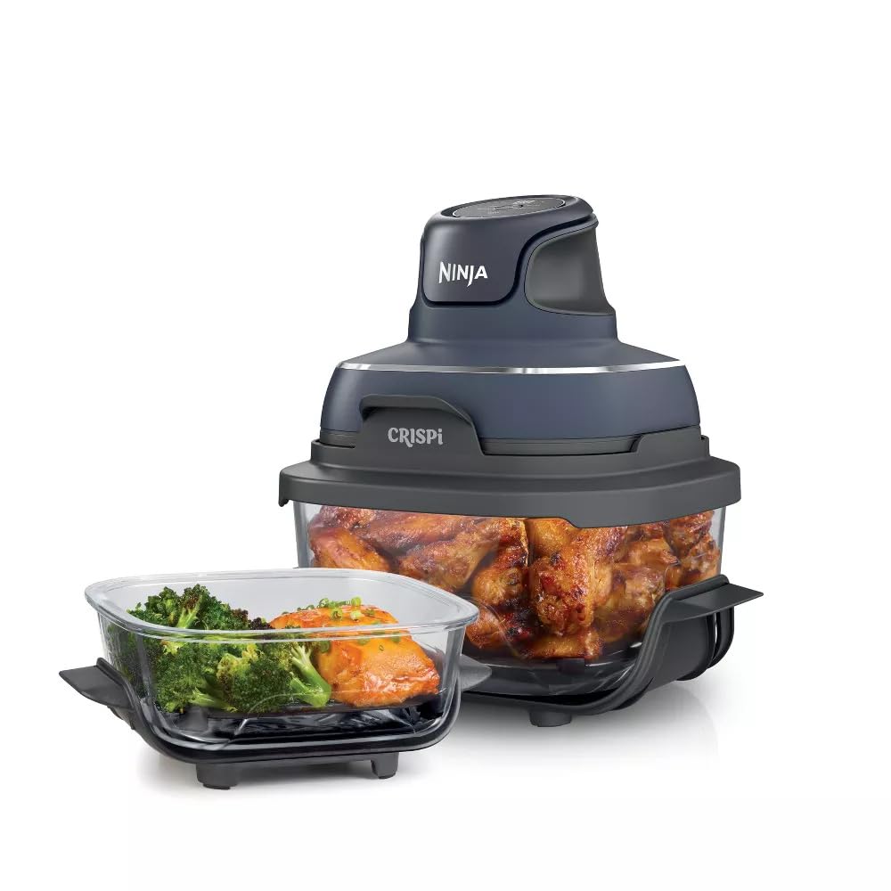 Ninja Crisp FN101GY 4-Qt 1750W Electric Air Fryer & Portable Cooking System - Microwave, Freezer & Dishwasher Safe Glass Containers - Bake, Roast & Reheat - Includes 6-Cup Glass Containers with Lids (Grey) - Perfect for Small Kitchens, Dorms & Quick Healthy Meals