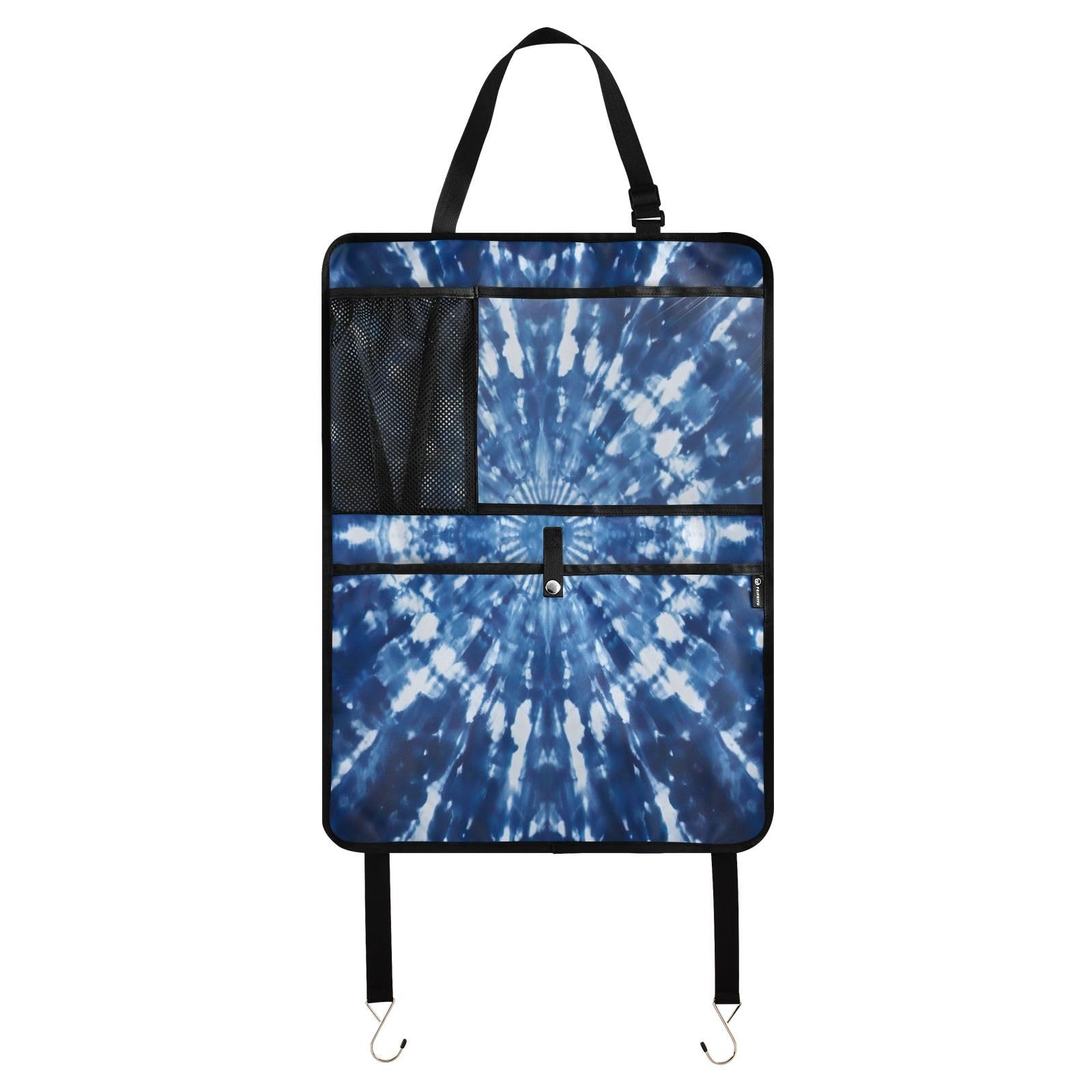 Tie Dye Blue Car Seat Protector with Storage Pockets - Waterproof Back Seat Organizer & Kick Mats for Cars, SUVs, Trucks - Perfect for Family Road Trips, Pet Protection, and Child Safety