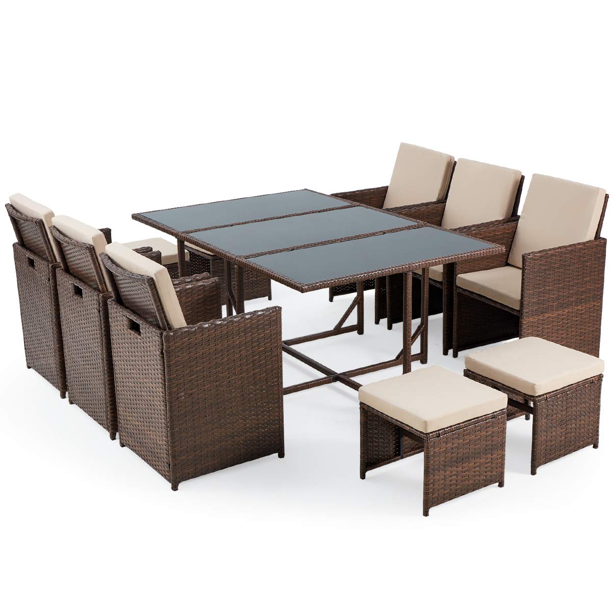 YOLENY 11-Piece Outdoor Patio Dining Set - Space-Saving Wicker Rattan Chairs with Tempered Glass Table, Ottoman & Weather-Resistant Cushions (Includes Dust Cover) - Perfect for Backyard, Garden, Poolside & Small Balcony Entertaining