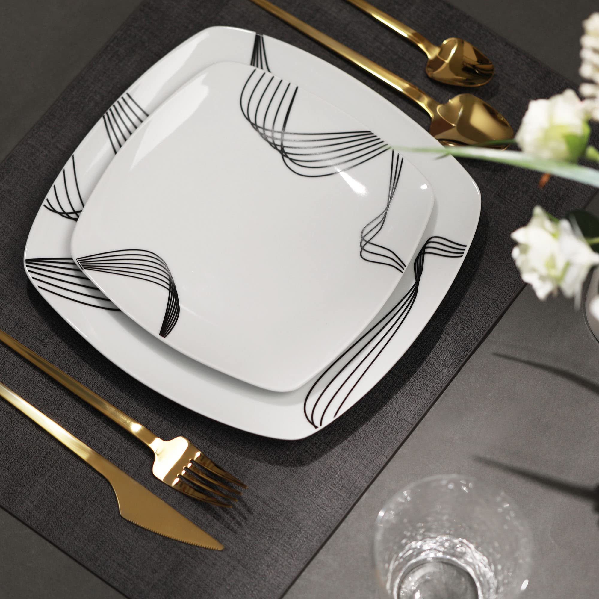 18-Piece Square Porcelain Dinnerware Set for 6 - Modern Ceramic Plates & Bowls - Dishwasher & Microwave Safe - Minimalist Line Spectrum Design - Perfect for Everyday Dining, Dinner Parties & Restaurant Use