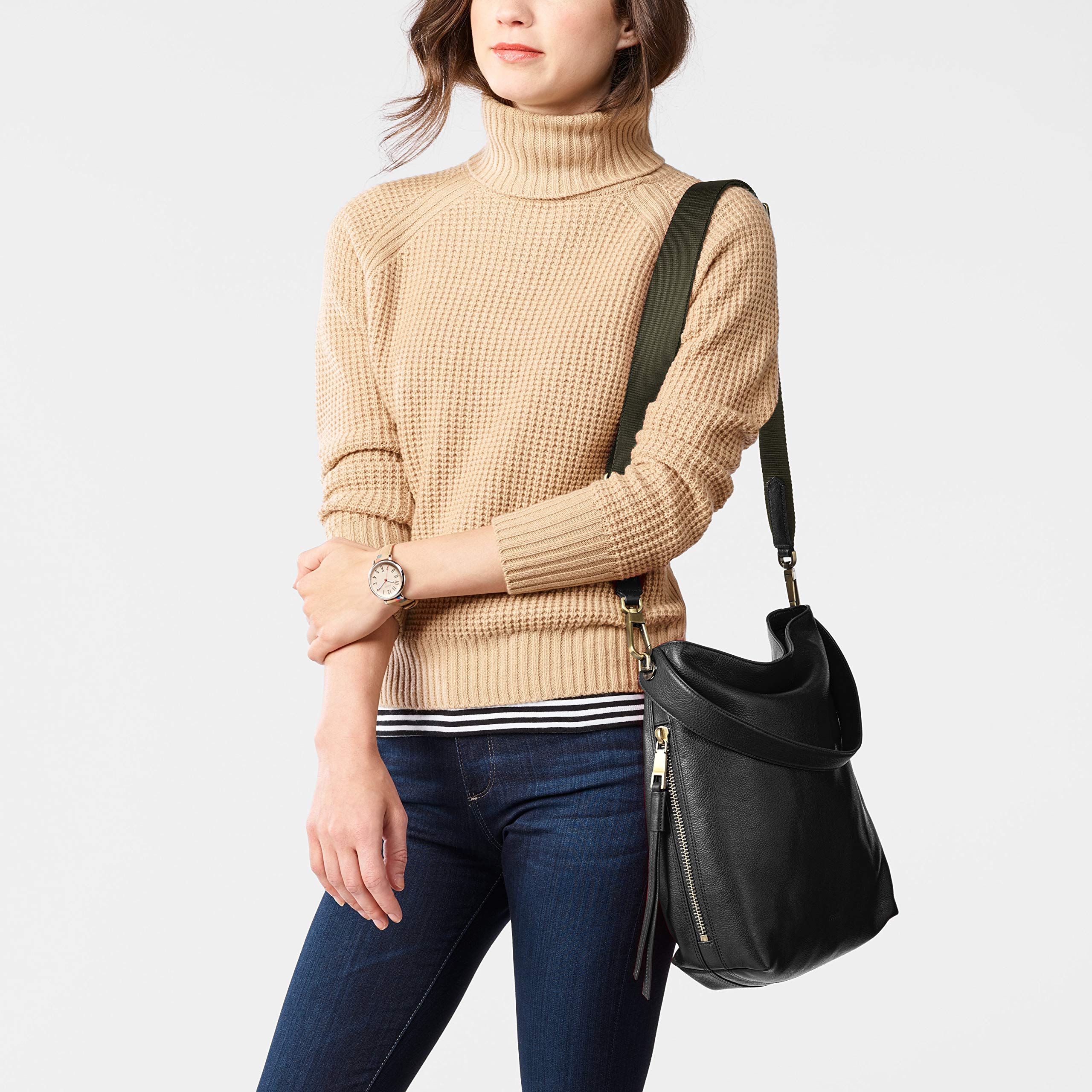 Fossil Women's Maya Leather Small Hobo Handbag & Logan Faux Leather RFID Zip Around Clutch Wallet Set - Black | Stylish Crossbody Purse for Work, Travel & Everyday Use