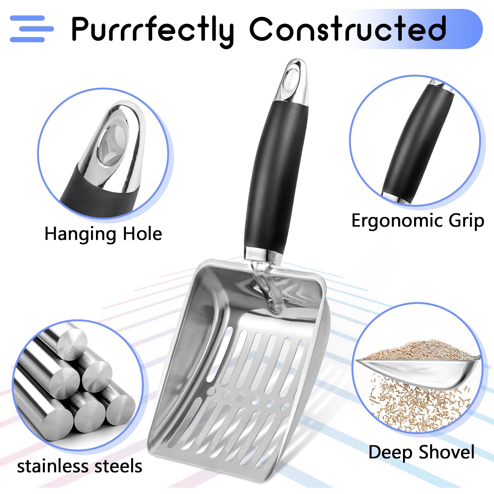 Premium Stainless Steel Cat Litter Scoop - Durable Metal Litter Scooper with Sturdy Mesh Design for Easy Cleaning | Perfect for Cat Litter Boxes & Litter Trays | Silver (Ideal for Multi-Cat Homes & Large Litter Boxes)