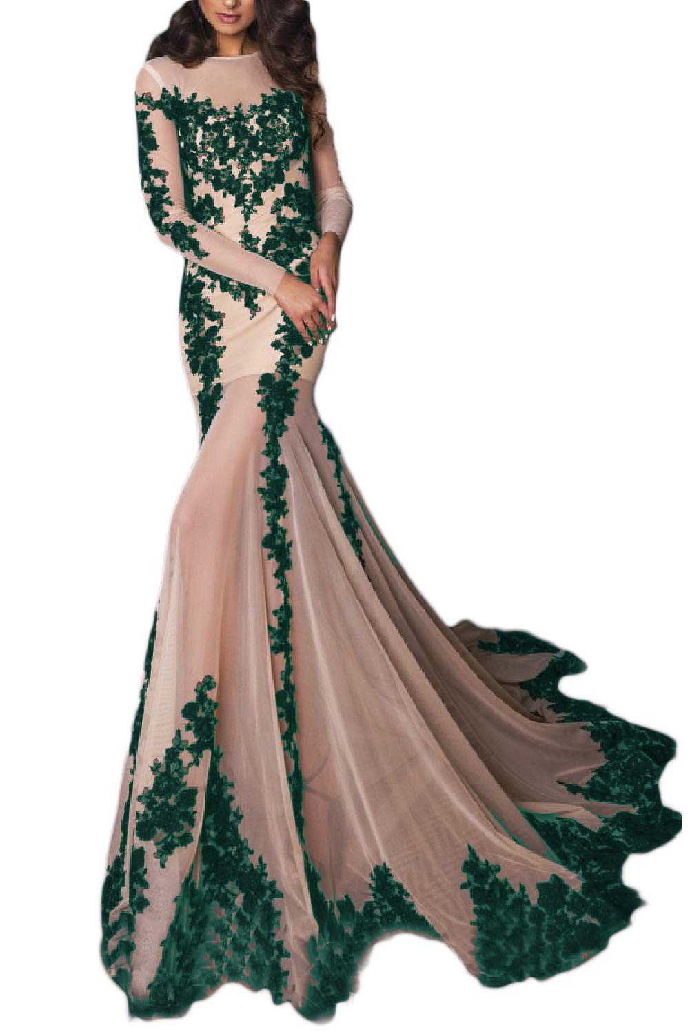 Honeydress Women's Long Sleeve Applique Mermaid Evening Gown - Elegant Formal Prom Dress with Train for Weddings, Galas & Special Occasions