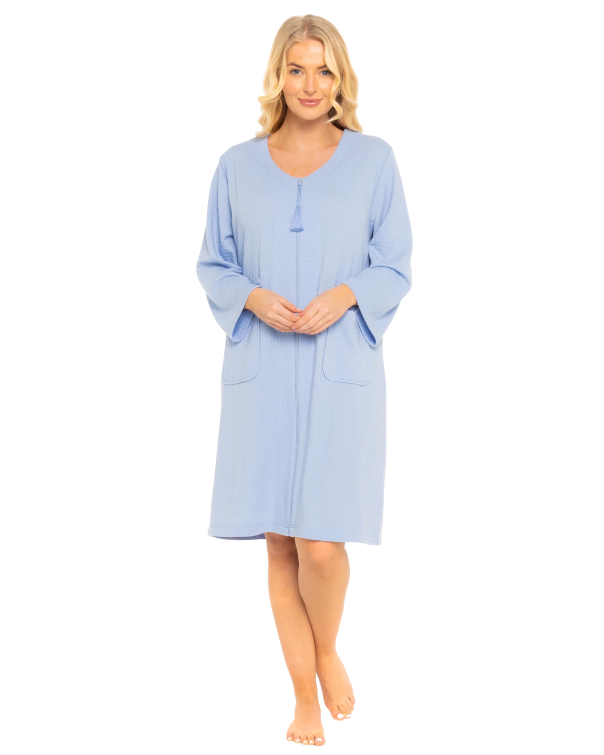 Women's Super Soft Waffle Jersey Zip Front Robe - Cozy Loungewear for Home, Spa & Relaxation
