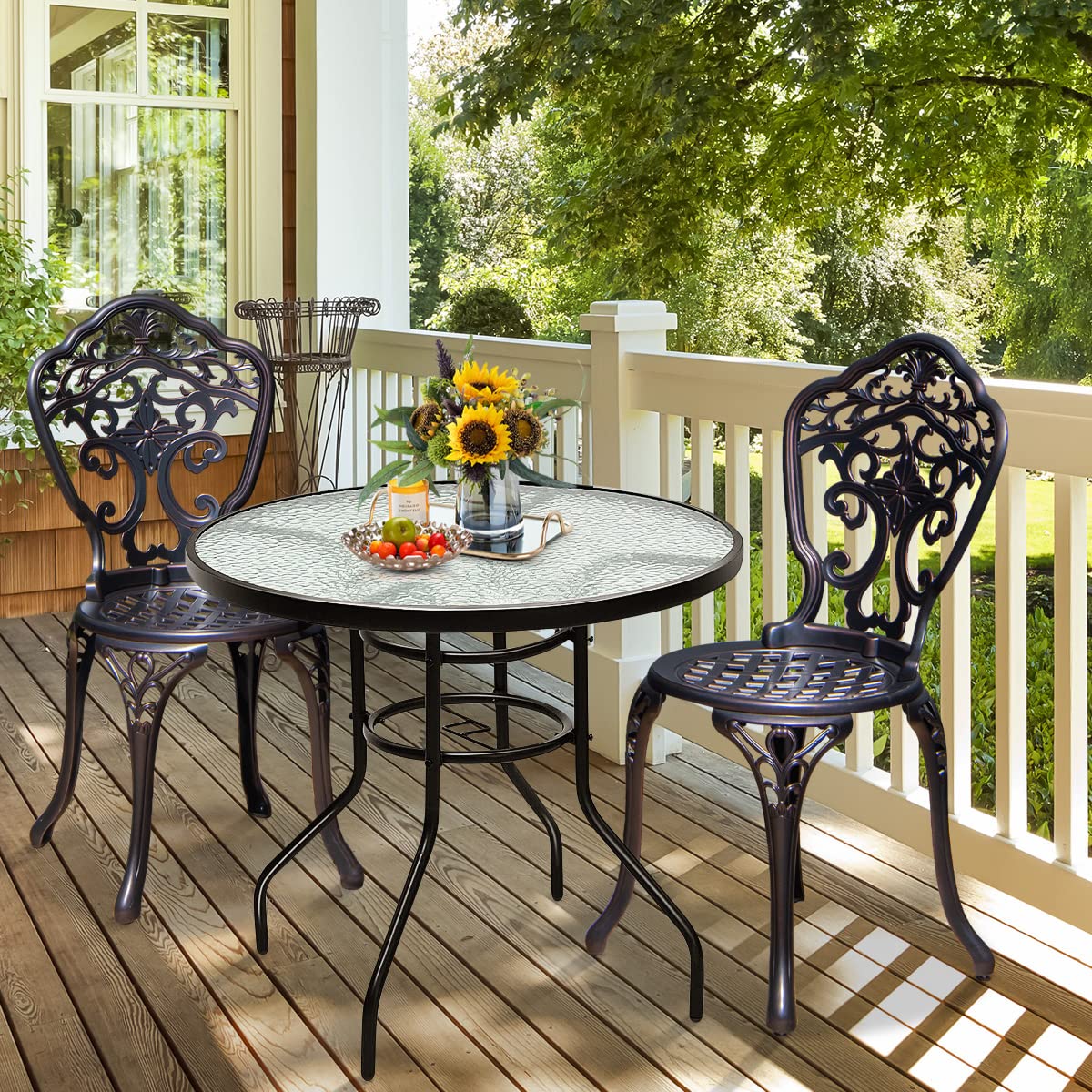 32'' Round Outdoor Patio Table with Umbrella Hole - Tempered Glass Top & Sturdy Metal Frame - Bistro Dining Coffee Table for Garden, Balcony, Poolside - Perfect for Outdoor Entertaining & Relaxation