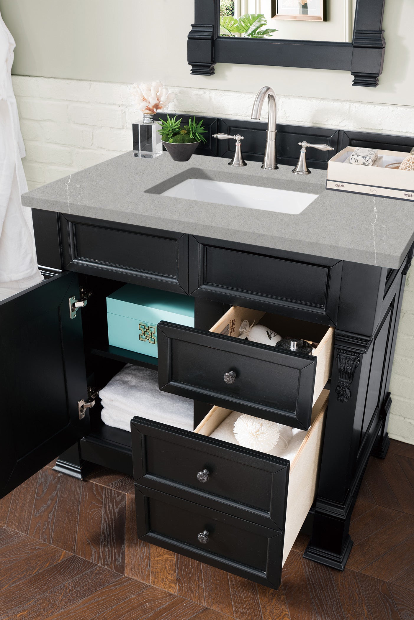 Brookfield 36 Inch Single Bathroom Vanity Set in Antique Black with 3CM Eternal Serena Quartz Countertop - Perfect for Modern and Traditional Bathroom Designs