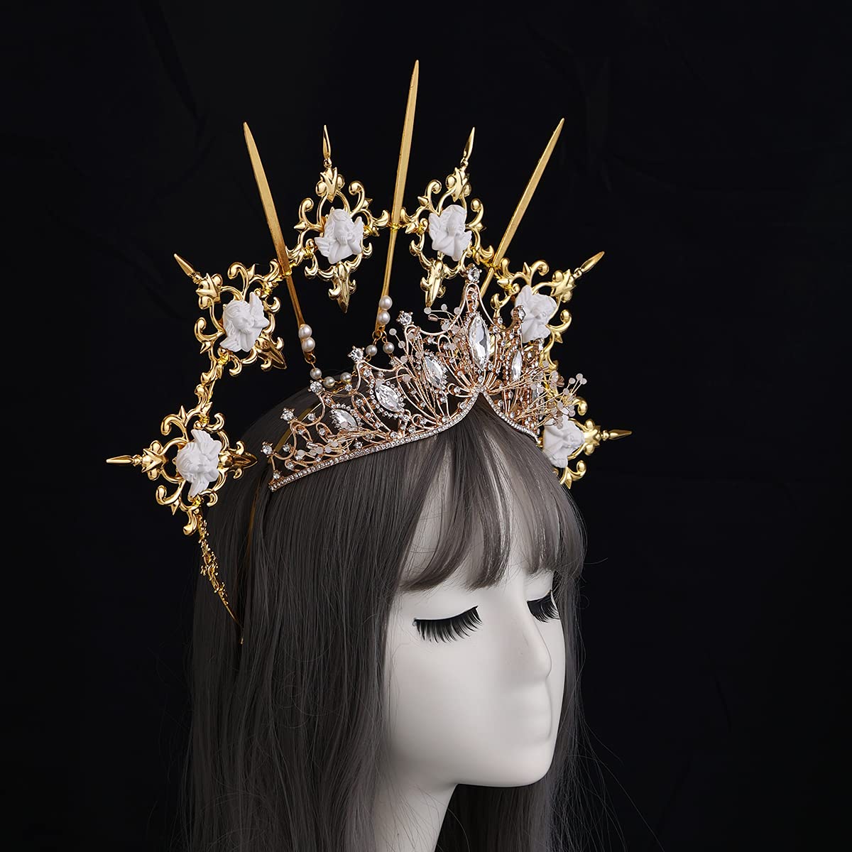 BLESSUME Halo Crown Mary Goddess Headband for Women - Gold Leaf Headpiece for Halloween Costume, Cosplay, Bridal Accessories & Boho Festival Fashion