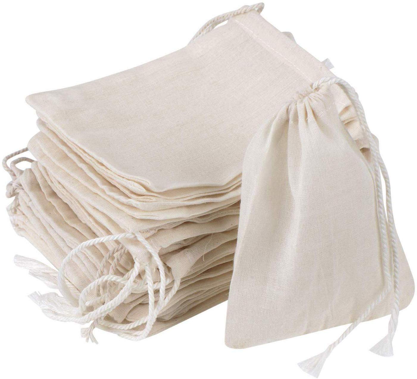 GIYOMI 20-Pack Unbleached Cotton Muslin Drawstring Bags (4x3 Inches) - Natural Cheesecloth Filter Bags for Brewing Coffee, Tea, Herbs, Bone Broth, Soup & Spices | Reusable Straining Bags for Kitchen & DIY Crafts