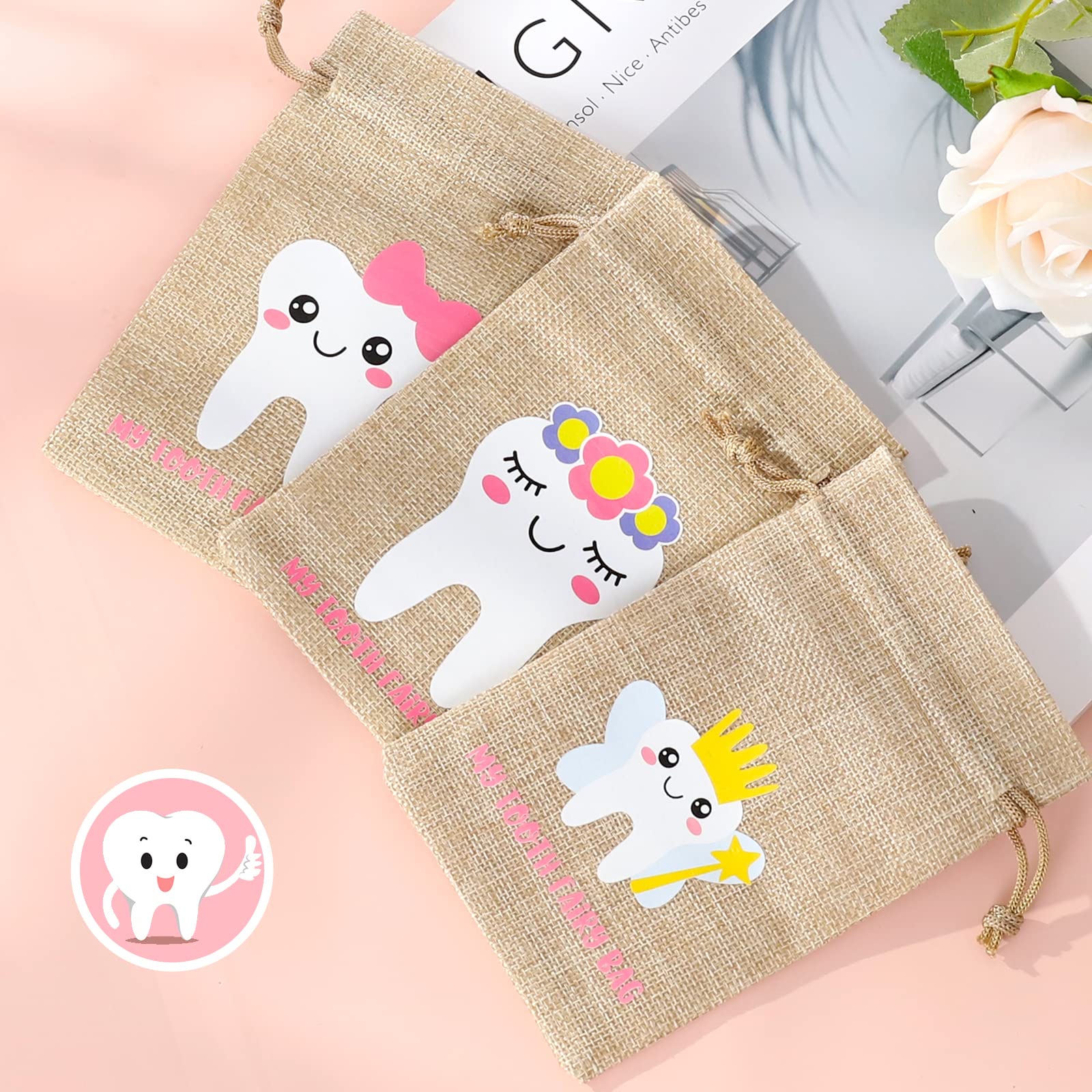 Hopttreely 3PCS Pink Tooth Fairy Bags for Girls - Keepsake Pouch & Milk Teeth Storage Box with Drawstring Closure | Perfect for First Lost Tooth Celebration & Childhood Memory Preservation
