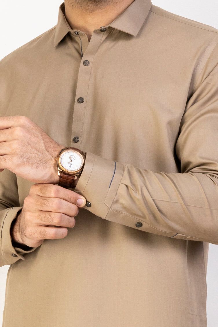 Blended Khaki Kameez Shalwar by J. Junaid Jamshed | Traditional Pakistani Outfit for Men | Perfect for Eid, Weddings & Special Occasions