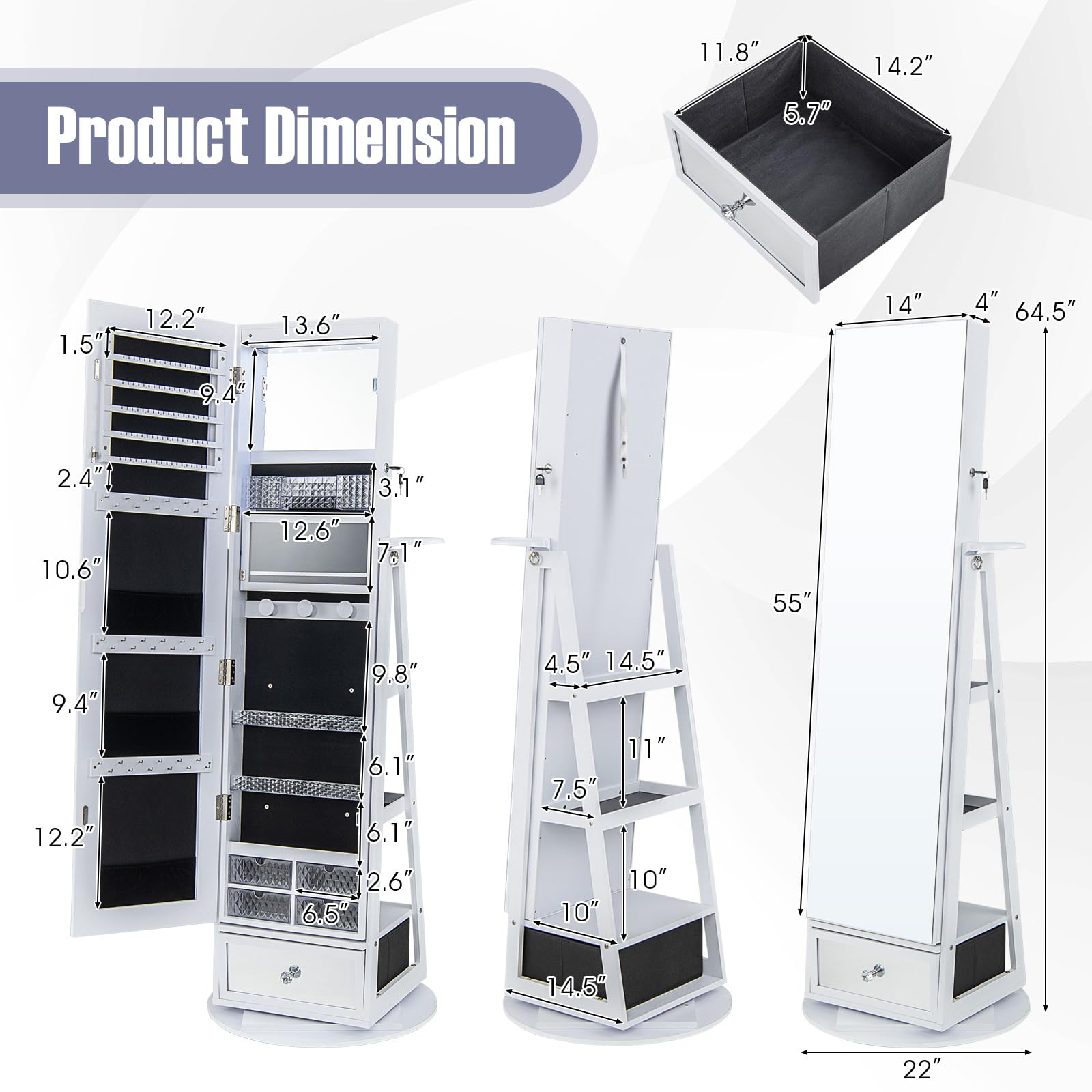 CHARMAID 360° Swivel Jewelry Cabinet Armoire with Full Length Mirror - 64.5