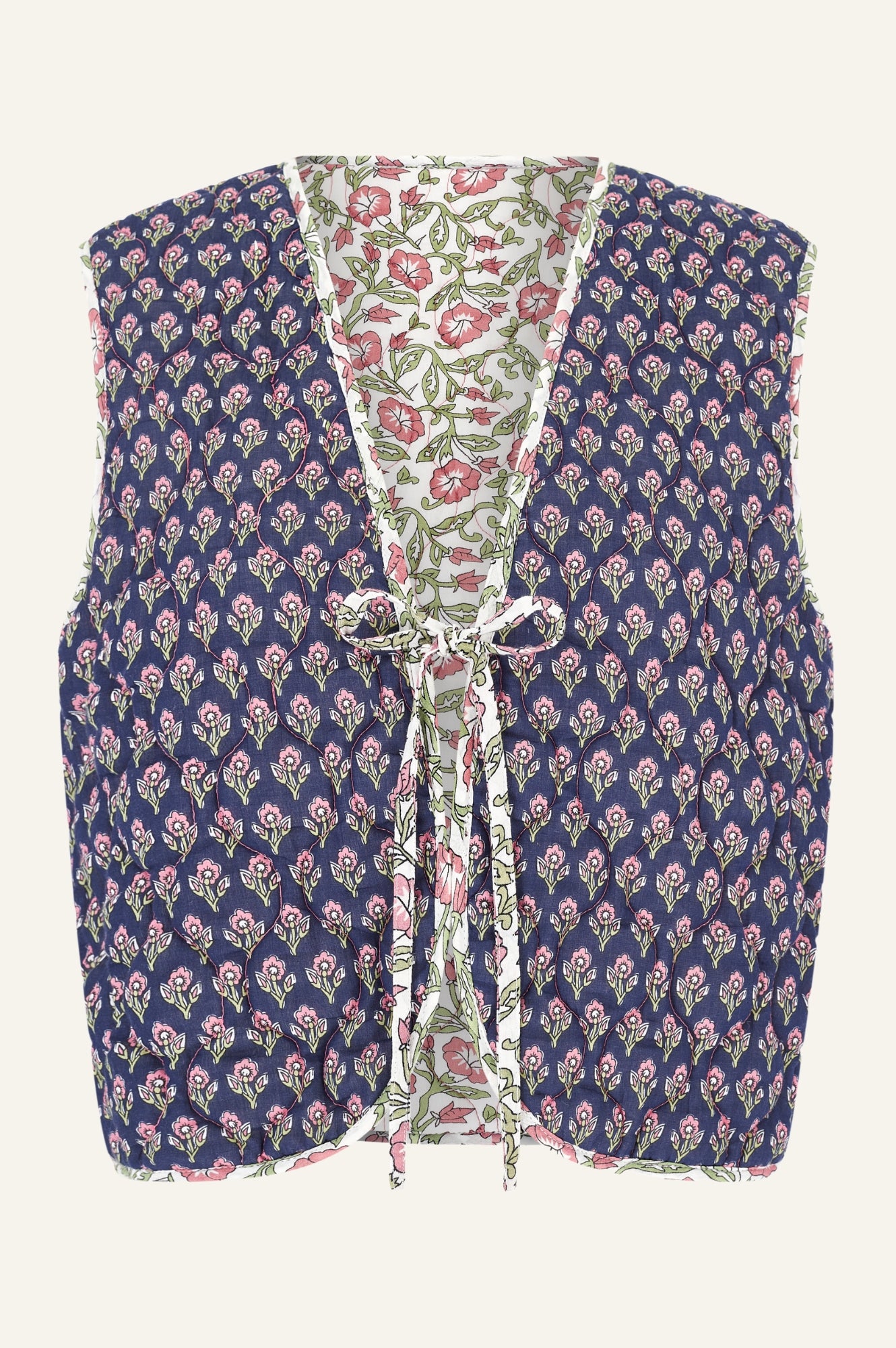 Arlo Quilted Organic Cotton Vest for Women - Primrose Stamp Navy/Pink - Lightweight Layering Piece for Spring & Fall Outfits