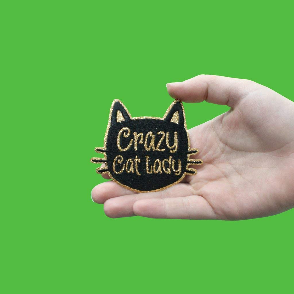 Crazy Cat Lady Gold Glitter Cat Head Embroidered Iron On Patch for DIY Jackets, Bags & Costumes - Perfect for Cat Lovers & Craft Projects