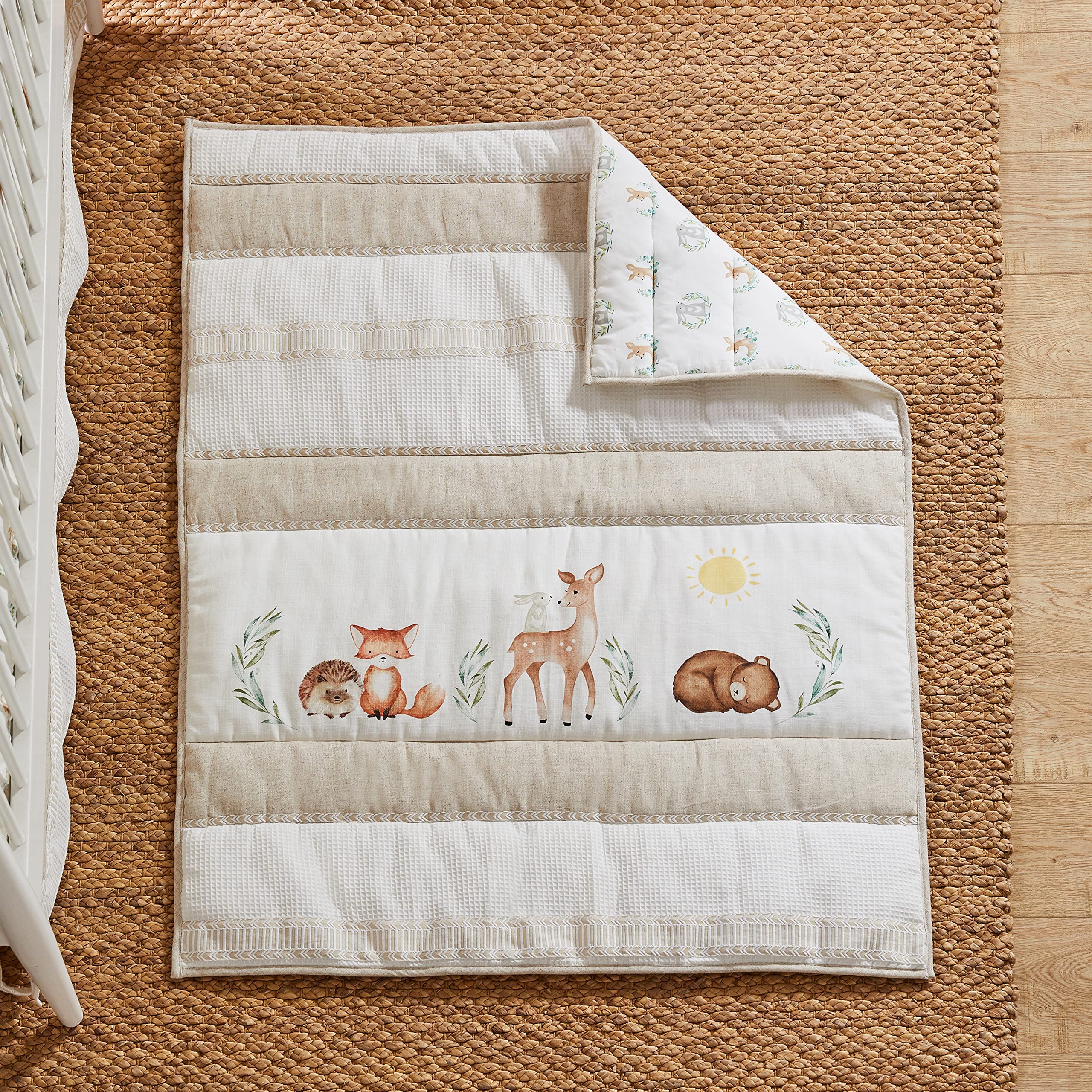 Levtex Baby Woodland Pals 5-Piece Crib Bedding Set - Soft Cream Taupe Brown Green Nursery Collection with Quilt, Fitted Sheet, Wall Decal, Dust Ruffle & Storage Basket - Perfect for Cozy Nursery Decor and Baby Shower Gifts