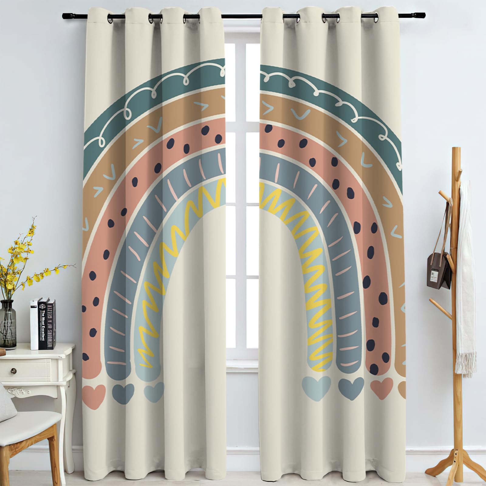 Rainbow Blackout Curtains for Nursery - Thermal Insulated Room Darkening Window Drapes with Grommet Top, Modern Scandinavian Baby Room Decor, 84x108 Inches - Perfect for Bedroom, Living Room & Patio Use