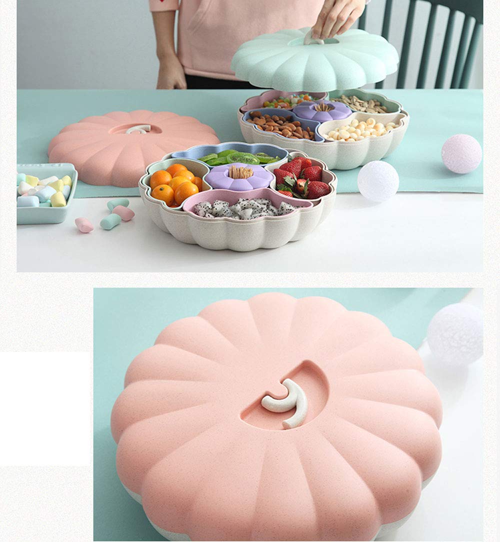 Pumpkin Shaped Snack Serving Tray with Lid - Multi Section Appetizer Plates & Snack Bowls for Party, Halloween, Thanksgiving - Perfect for Storing Dried Fruits, Nuts, Candies, Fruits (Pink)